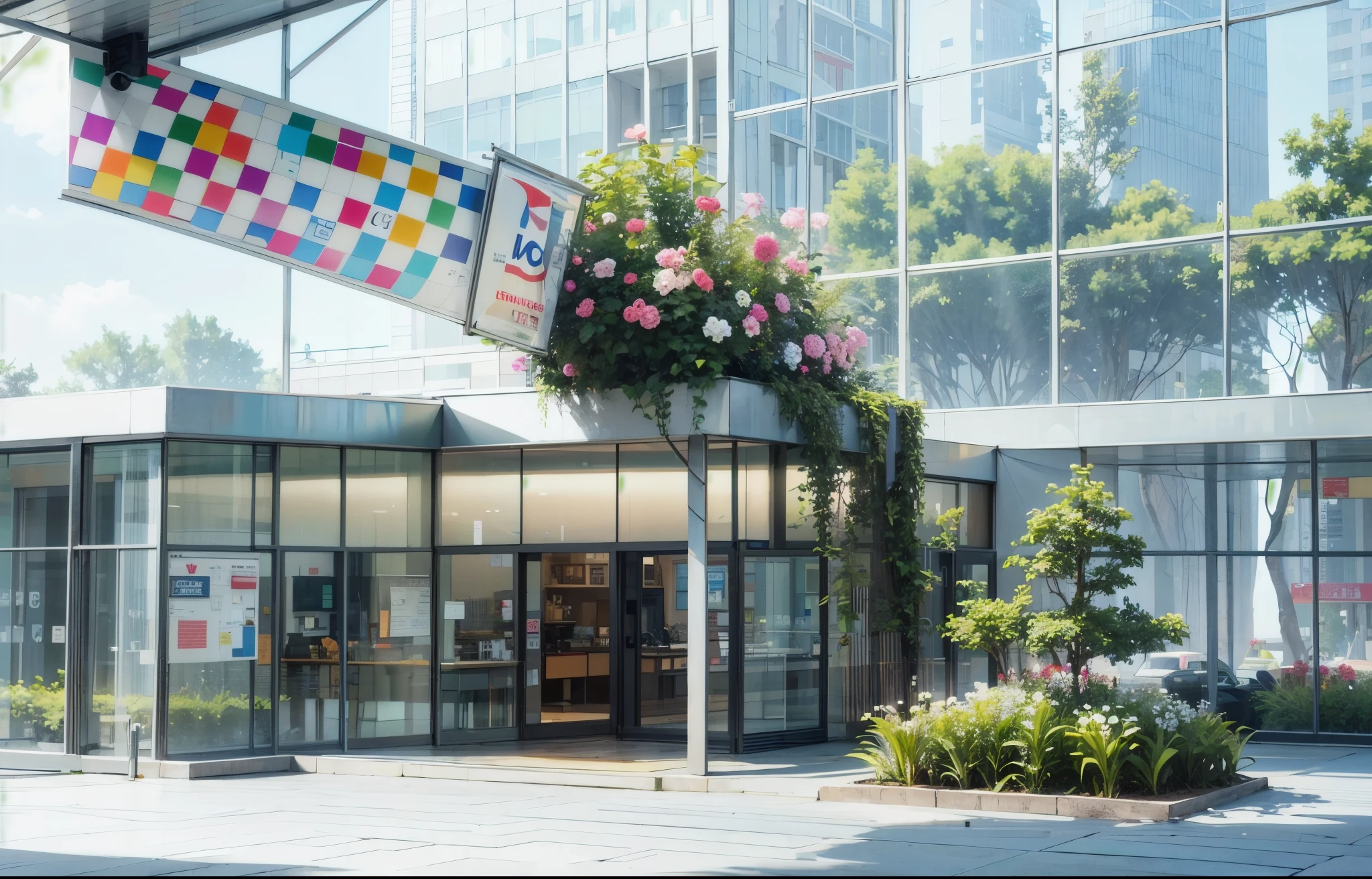 A white paper cup with colorful logos is flying in the air, wrapped around in the style of green plants and flowers on its sides, with an outdoor glass building behind it. The scene has large windows and high ceilings, creating a futuristic atmosphere. It was captured using Canon cameras, and the photo style showcases ultrahigh resolution.  HD quality, high detail, very detailed, fine, architectural shots, surrealism, Unreal Engine 5