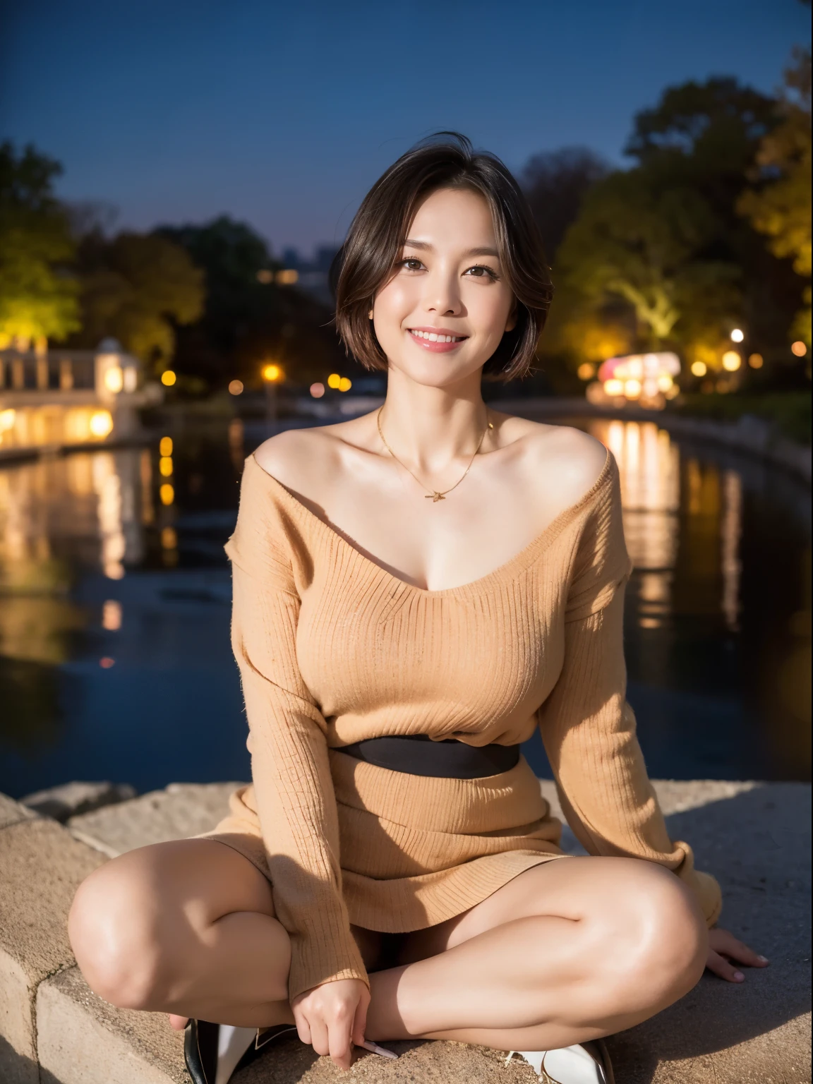 (Raw photo:1.2), (realistic:1.4),beautiful detailed woman,非常にfine eyesと顔, fine eyes, Super detailed,High resolution, very detailed,highest quality,enlightenment,unified,8k wallpaper,masterpiece,highest quality,1 female,alone,rich,Full body Esbian,(Slightly chubby body type:0.9),toned body shape,There'Foot meat,slim waist,alone,(beige knit,temperament knit skirt,high heels),jewelry necklace short hair,gentle smile,dignified atmosphere,black eye,realistic,central park , (night park:1.1)、(43 years old、Japanese)