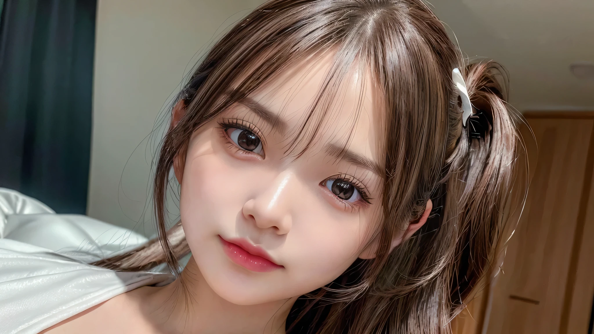 only one,One woman,Room at home, studying at a desk, sitting in a chair, reading a book,close up of face,blush,small breasts,,long hair ponytail,((8K, Raw photo, best quality, muste piece:1.2), (Reality, photorealistic:1.4), (Highly detailed 8K wallpaper), Depth of the bounds written, cinematic lighting, soft light, detailed beauty eye,Shiny and smooth light brown ponytail, asymmetrical bangs, shiny skin, super detailed skin ,high resolution, high detail, detailed hairstyle, detailed beauty face, hyper real, perfect limbs, perfect anatomy ,1 Japanese girl,famous japanese idol, perfect female body,shy smile,short eyelashes,double-edged eyelids,look straight here,Hair style is ponytail、Neat clothes