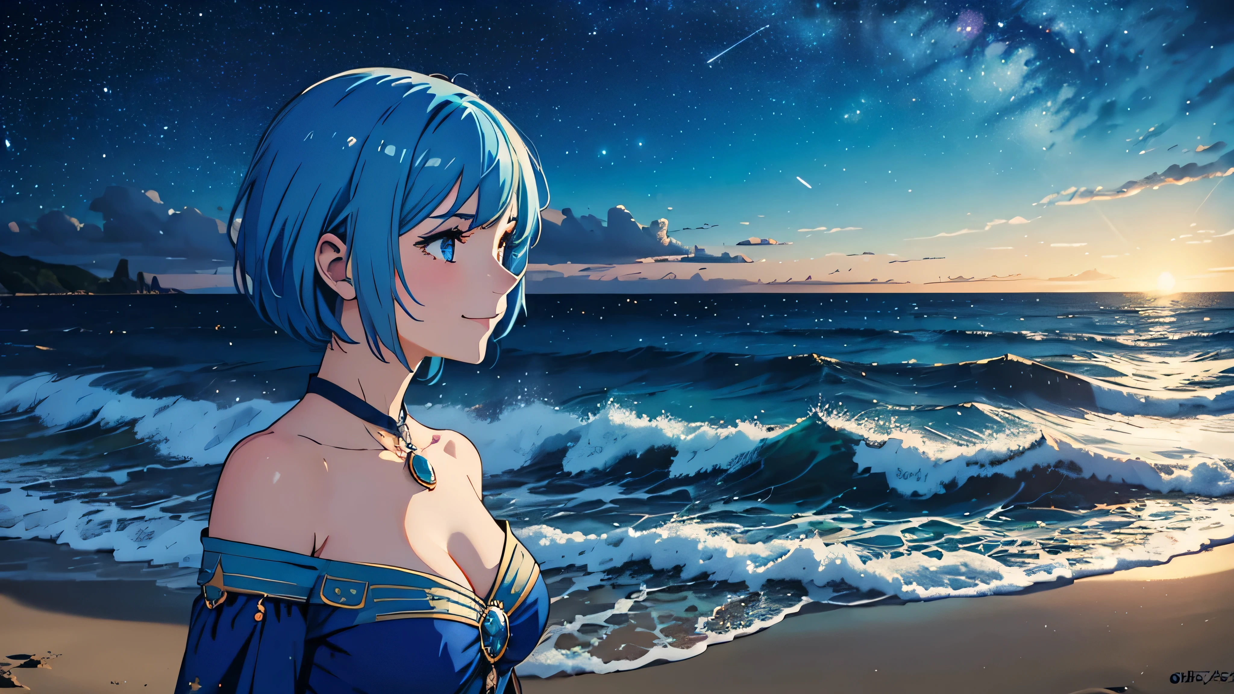 Create a bust-up shot of a smiling girl with a short bob hairstyle, looking towards the sea from a sandy beach. The setting is nighttime with a starry sky above. She should be in profile view. The girl is adorned in a bright blue costume inspired by waves, complemented by bright blue hair. The atmosphere should evoke a sense of fantasy.