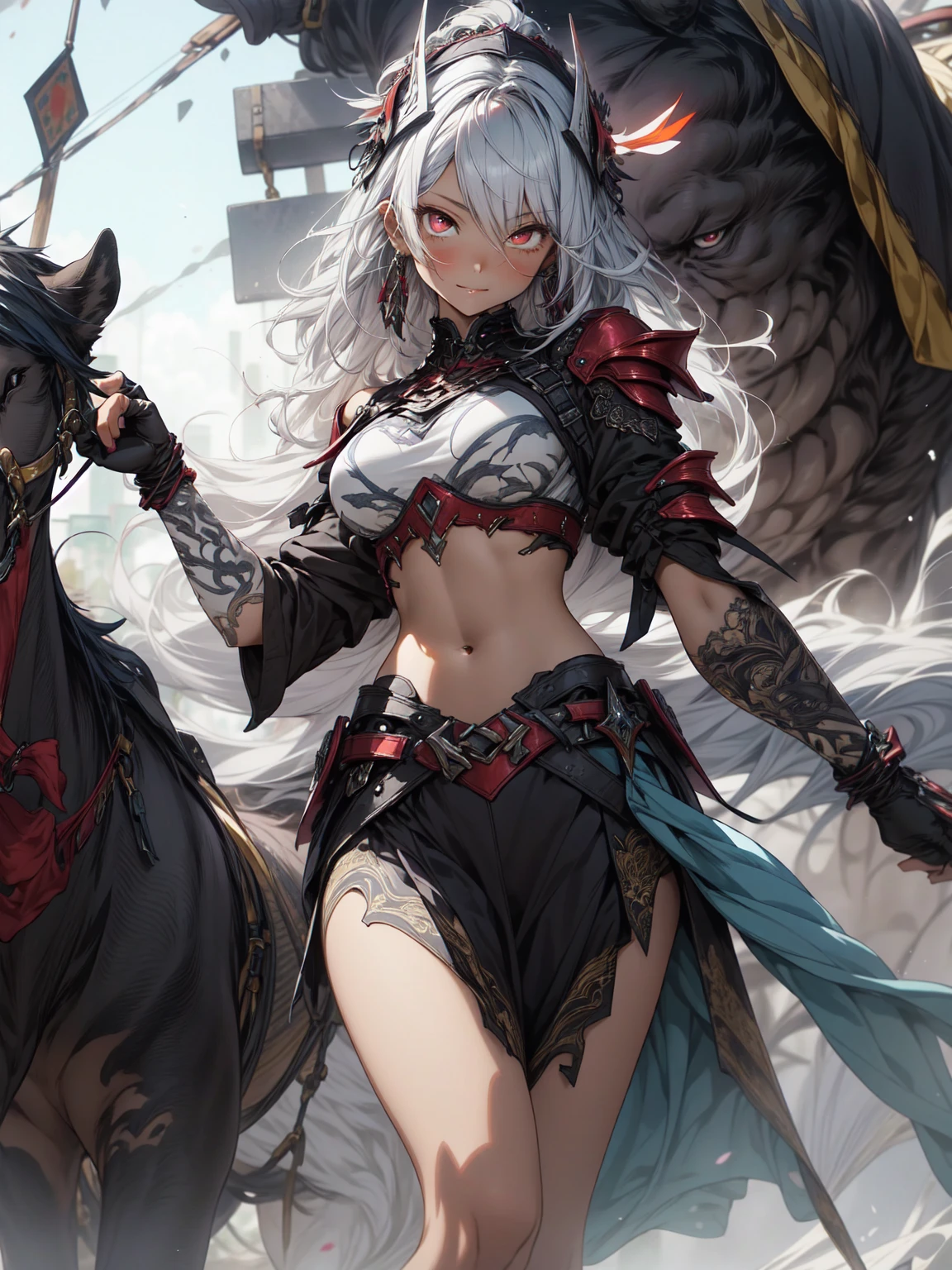 make it realistic,(masterpiece,highest quality,highest quality,very detailed,fractal art,most detailed,(The background is a fashion show:1.5)(1 girl),Kamimei,(hair length),(Shining red eyes and beautiful white hair、big breasts,trained abdominal muscles),abyss stick、crystallization,sexy,machine armor、luxury decorationの付いた黒いドレス、luxurious dress、luxury decoration