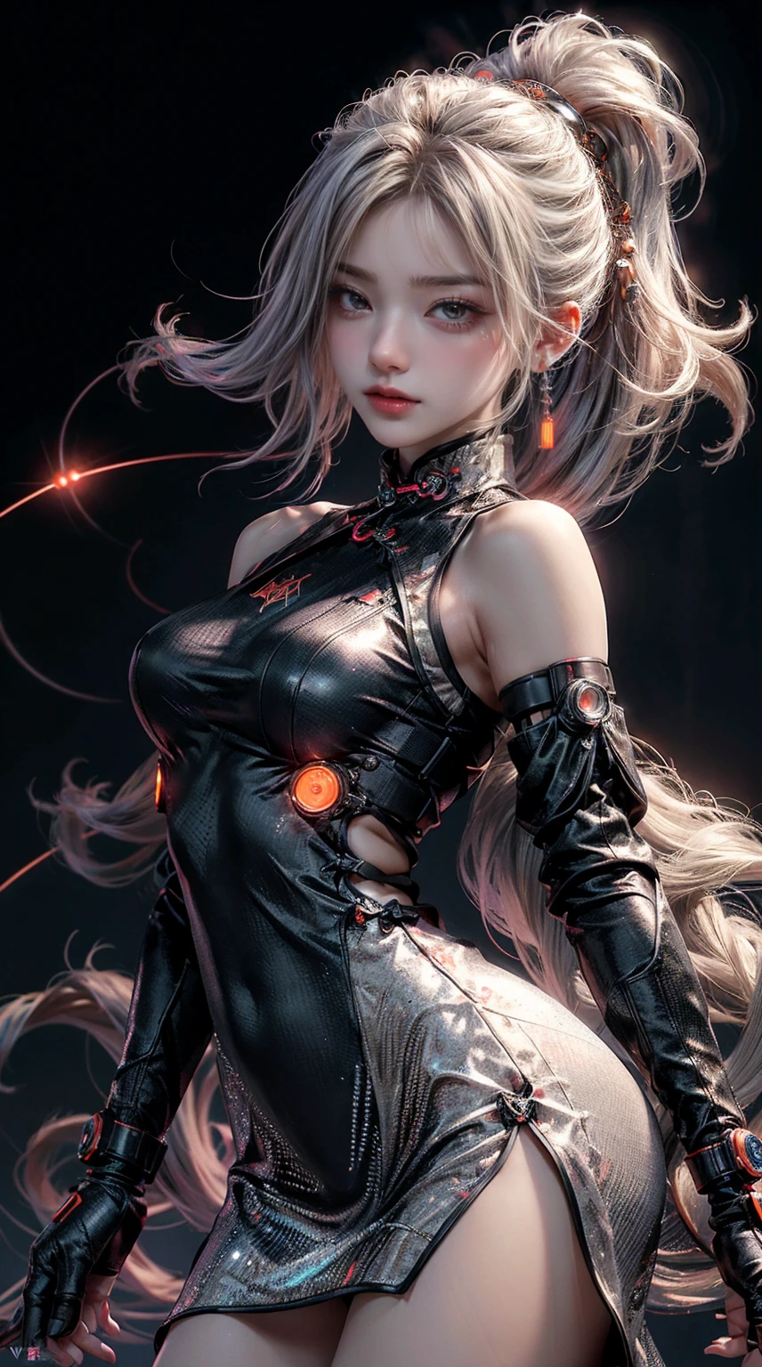 1 girl, Chinese_clothes, liquid silver and orange, cyberhan, cheongsam, cyberpunk city, dynamic pose, detailed luminous headphones, glowing hair accessories, long hair, glowing earrings, glowing necklace, cyberpunk, high-tech city, full of mechanical and futuristic elements, futuristic, technology, glowing neon, orange, orange light, transparent tulle, transparent streamers, laser, digital background urban sky, big moon, with vehicles, best quality, masterpiece, 8K, character edge light, Super high detail, high quality, the most beautiful woman in human beings, micro smile, face facing front and left and right symmetry, ear decoration, beautiful pupils, light effects, visual data, silver white hair, super detail facial texture