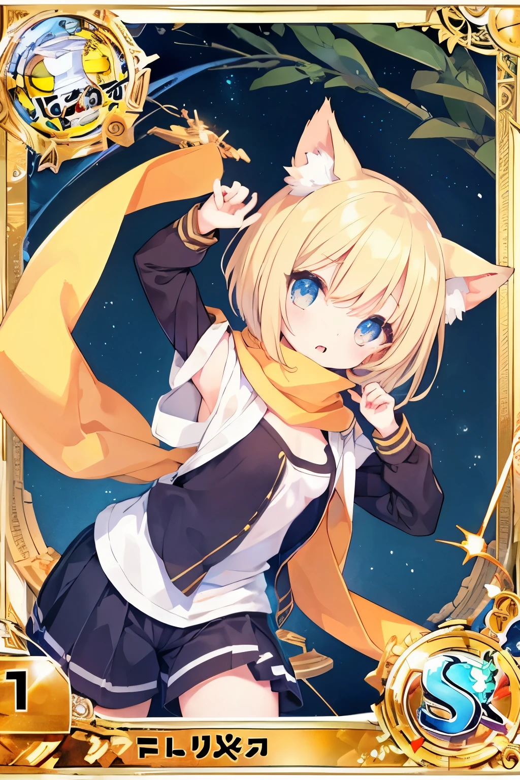 Very beautiful and shining eyes、shining eyes、((1 girl))、small breasts、big mouth、high school girl、small breasts、Cat ear、blonde short hair、scarf、hot pants、transparent clothes、childish clothes、7  girl