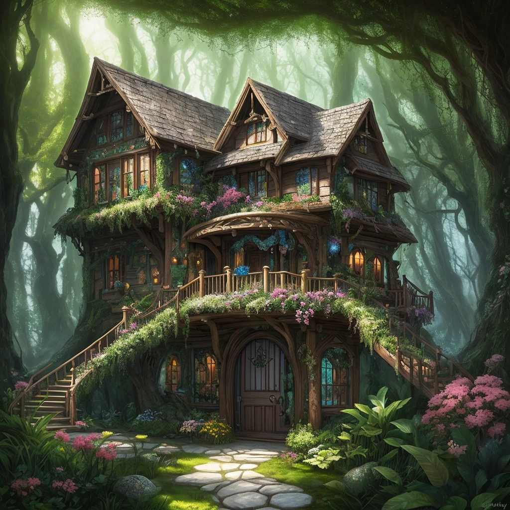 enchanted house, fairy enchanted, detailed house, magical elements, whimsical garden, vibrant colors, ethereal lighting, dreamy atmosphere, fantasy theme, enchanting textures, mystical beings, sparkling stars, hidden doorways, lush foliage, surreal vibe, intricate details, otherworldly charm, captivating artistry, cozy interior, whimsical exterior