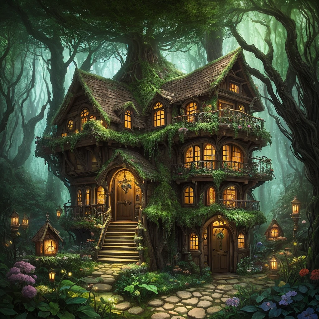 enchanted house, fairy enchanted, detailed house, magical elements, whimsical garden, vibrant colors, ethereal lighting, dreamy atmosphere, fantasy theme, enchanting textures, mystical beings, sparkling stars, hidden doorways, lush foliage, surreal vibe, intricate details, otherworldly charm, captivating artistry, cozy interior, whimsical exterior