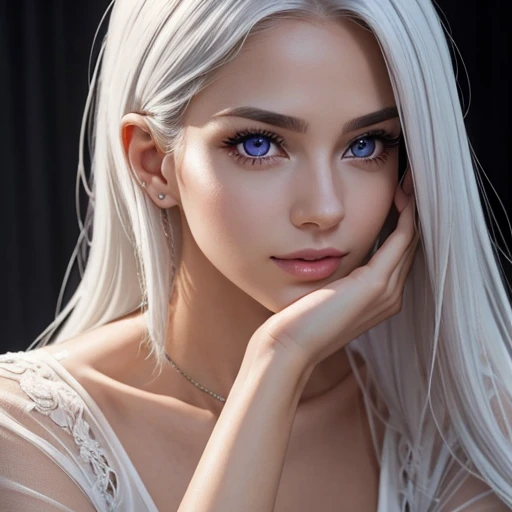 Masterpiece,photorealistic,photorealism,best quality,ultra-detailed:1.3),(nice hands,perfect hands),official art,cinematic light,(1girl:1.3),adult,realistic sexy girl,white hair.purple eyes.wearing a stylish very sexy ,with a funny expression on her face,fashionable,woman,vibrant,dynamic,funny,expression,statement ,striking,modern,trendy,(focus),fashion,