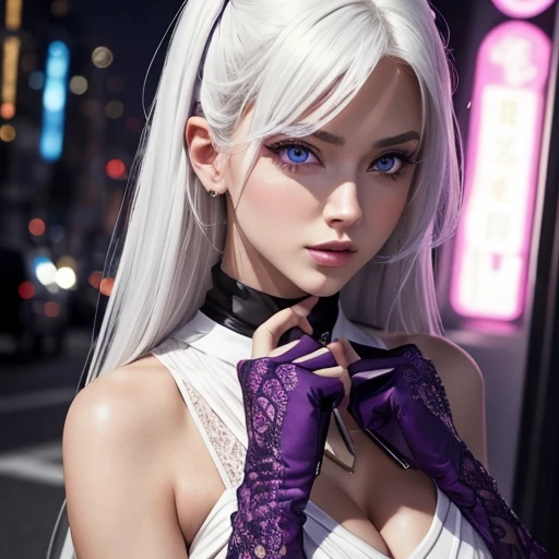 Masterpiece,photorealistic,photorealism,best quality,ultra-detailed:1.3),(nice hands,perfect hands),official art,cinematic light,(1girl:1.3),adult,realistic sexy girl,white hair.purple eyes.wearing a stylish very sexy ,with a funny expression on her face,fashionable,woman,vibrant,dynamic,funny,expression,statement ,striking,modern,trendy,(focus),fashion,