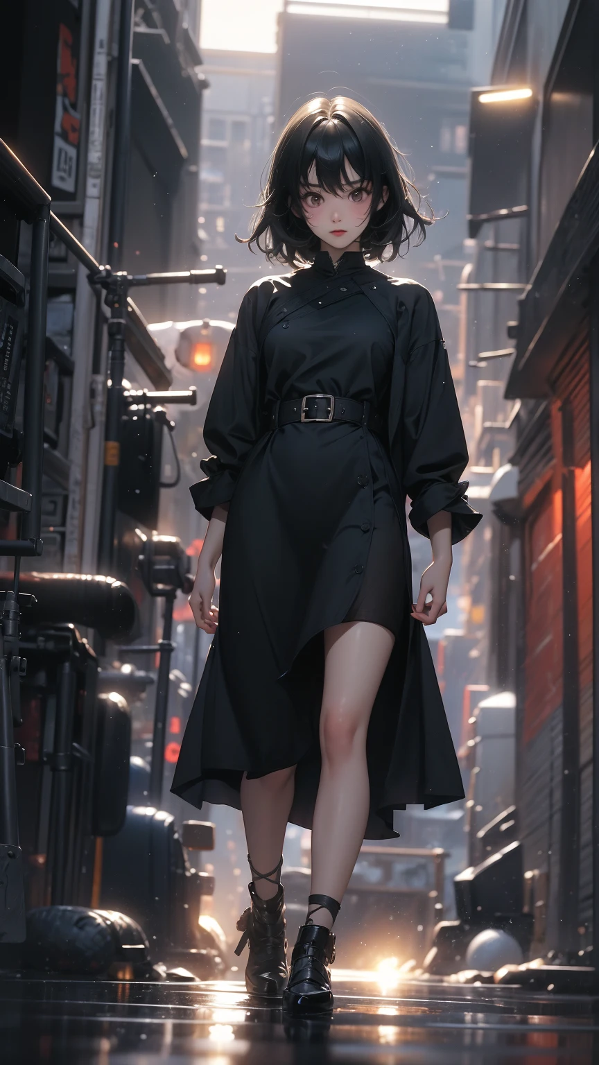 ((Highly detailed CG unit 8k wallpaper, masterpiece, High resolution, highest quality, highest qualityのリアルテクスチャスキン)), ((A cool NY fashion girl influenced by nostalgic and inorganic mode fashion., detailed costume:1.4, Coordination of black lace layered maxi skirt and military jacket:1.3, Asymmetrical short hair, Nana Komatsu)), (((blurred background, An empty back alley in New York))), hyper realistic, digital painting, concept art,