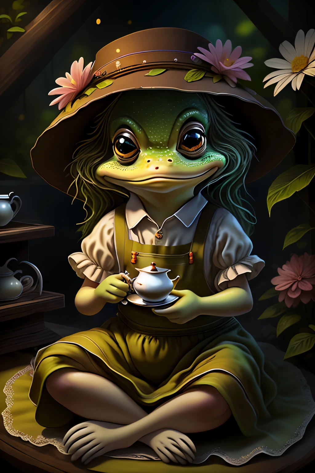 fantchar, an adorable frog creature in a brown apron and flowery hat and having tea in a lush garden, humanoid, artistic, intricate, highly detailed