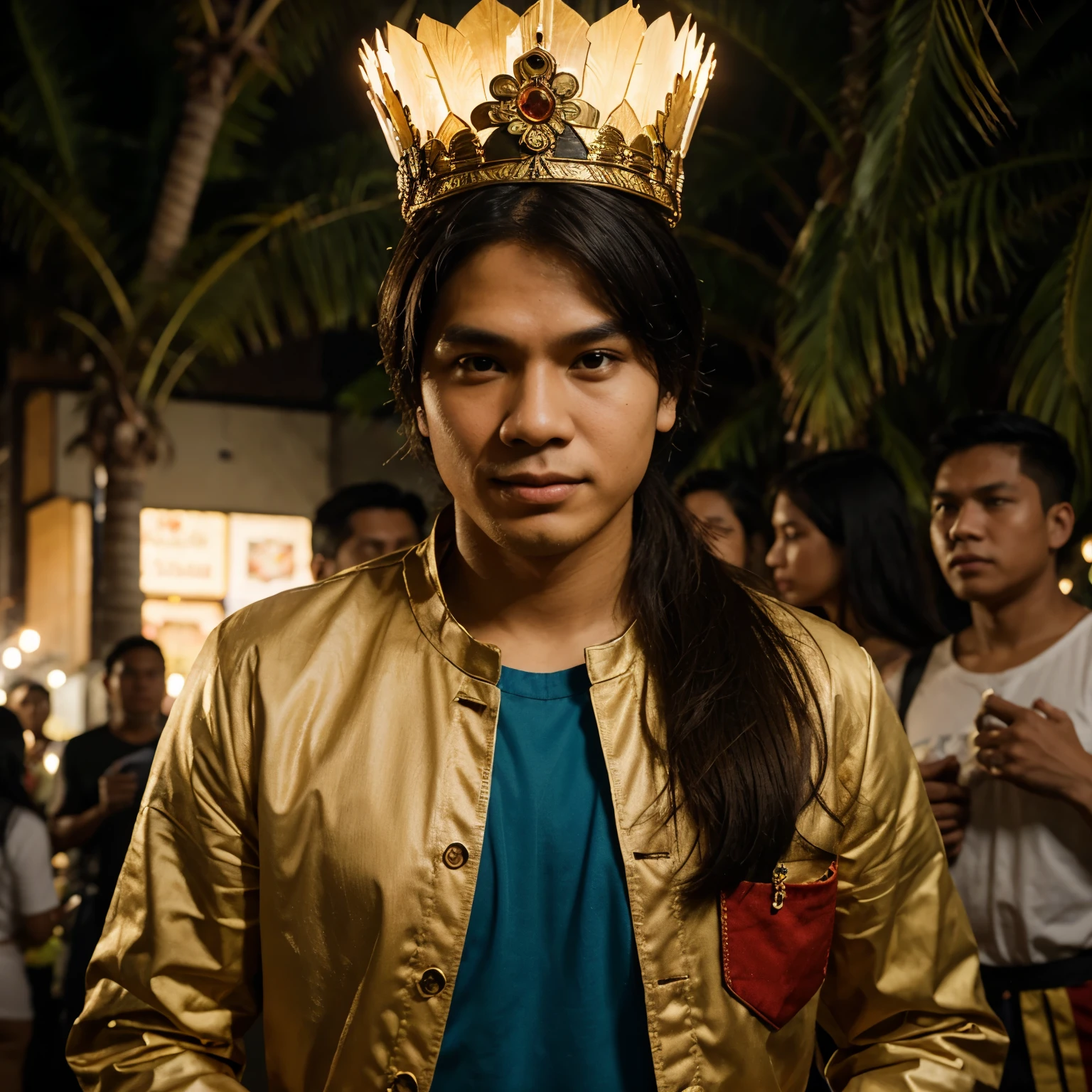 Ancient teenage Thai-siam prince boy, wearing golden crown,brown thong bikini underwear, standing, in the middle of a garden with many other students.