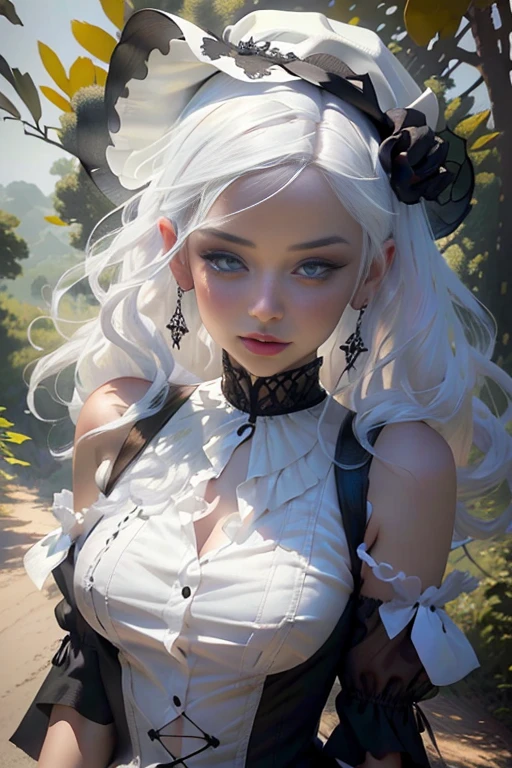 Beauty in white hair, with a white hat,goth dress,Perfect proportions,(perfect face),shy,Chica posando para una foto,slim girl,(gothic decoration:1.2),Definition and sharpness of textures,sunset,under a tree on a hill,full body,(Delicate images),(Raw photo: 1.2),(Photorealistic: 1.4),(Highly detailed),(high resolution),(Best quality),(masterpiece)