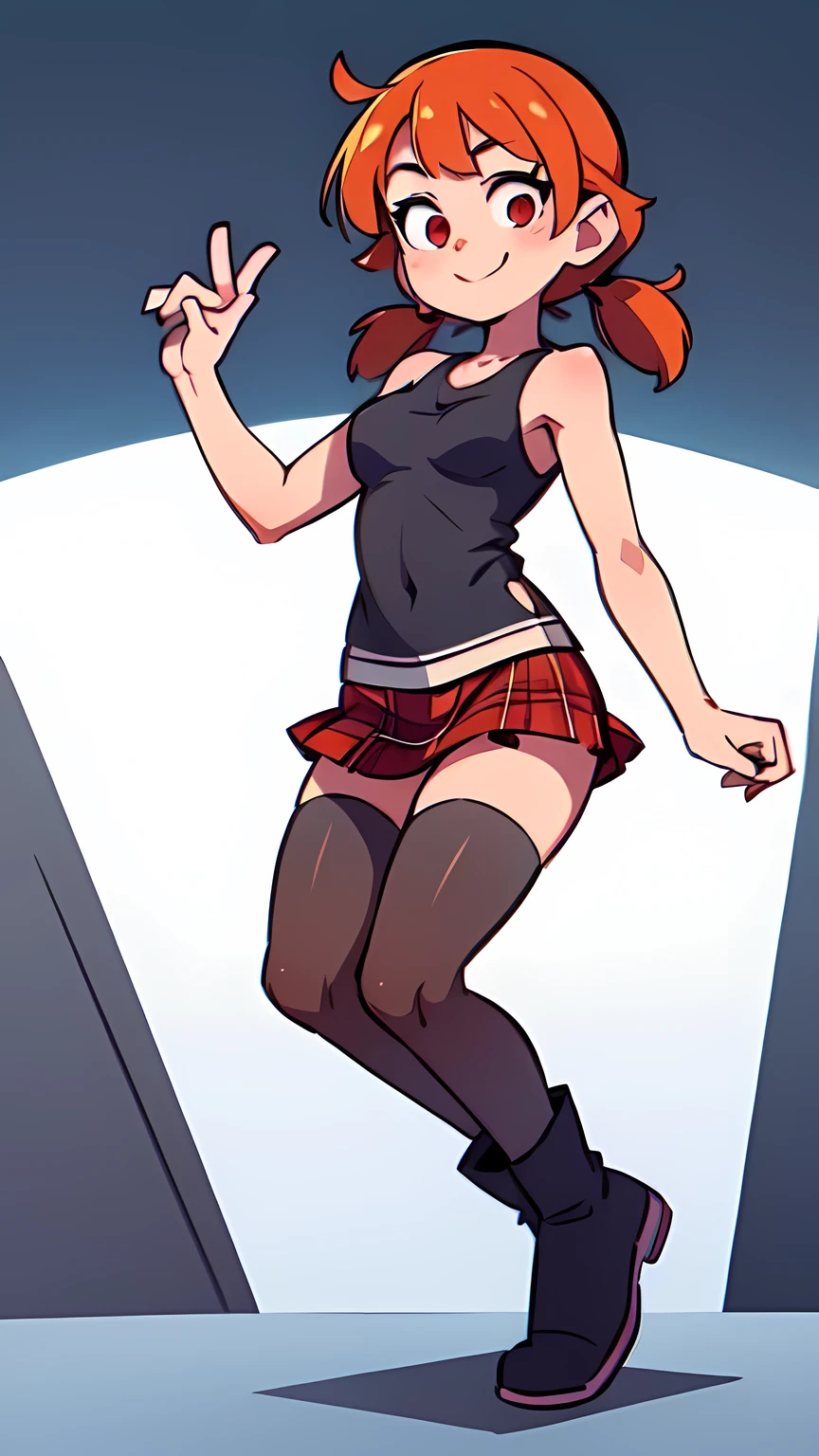 1girl,solo,full body,looking at viewer,facing viewer,short low twintails,orange hair,red eyes,twin parted bangs,hair pulled back,solid outline,smile,black thighhighs,red plaid skirt,gray tanktop,military boots