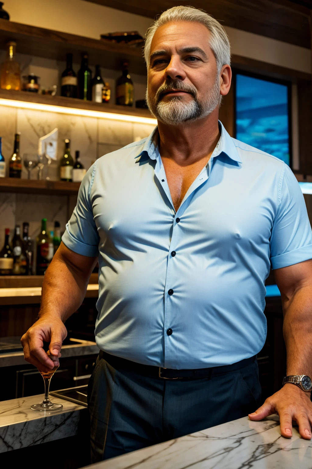 (highres,realistic:1.37),portrait,white-haired 60-year-old man,disgusting,chubby muscular,kind,buttoned-up shirt,pants,stylish beard,bartender