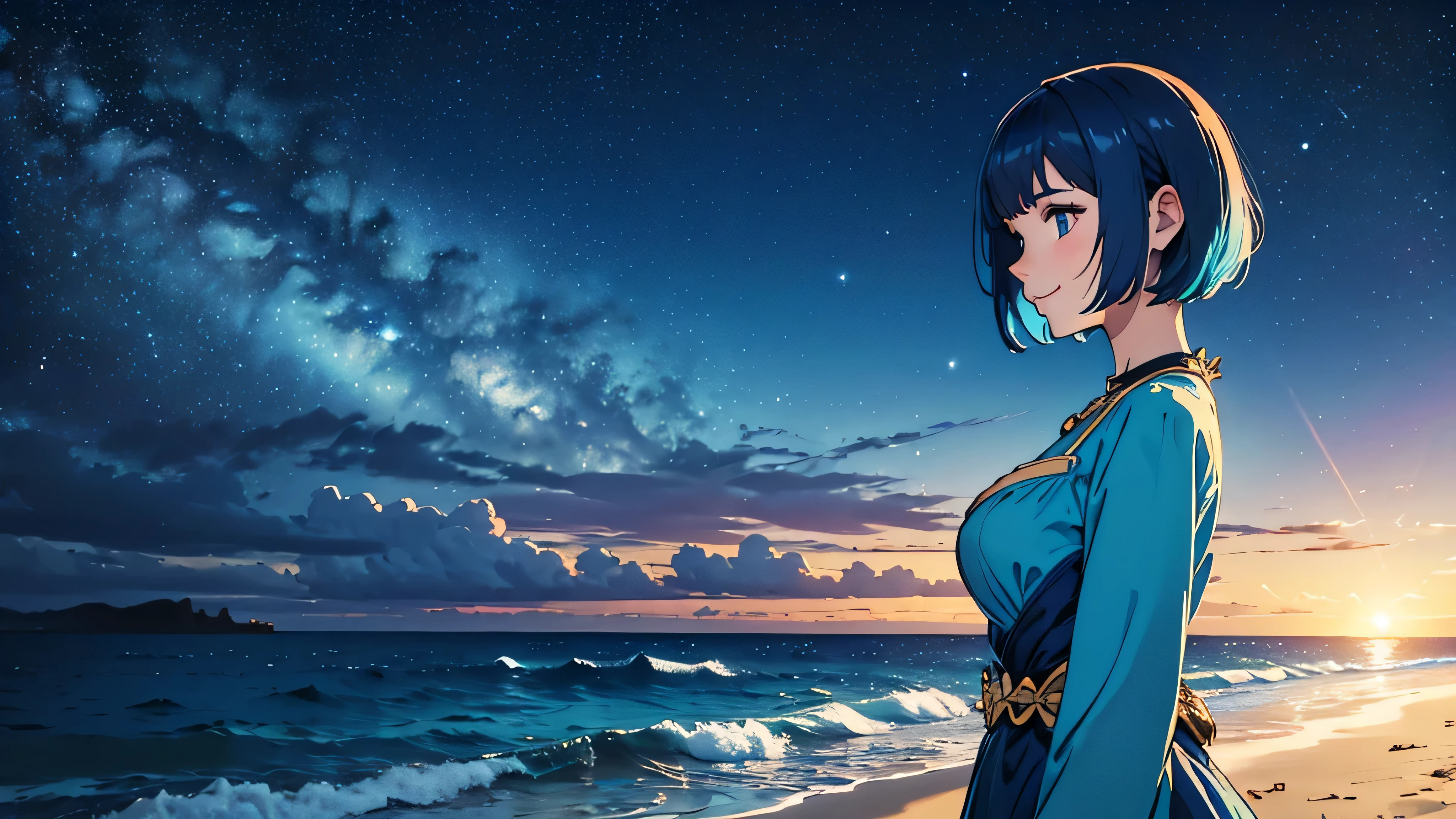 Create a bust-up shot of a smiling girl with a short bob hairstyle, looking towards the sea from a sandy beach. The setting is nighttime with a starry sky above. She should be in profile view. The girl is adorned in a bright blue costume inspired by waves, complemented by bright blue hair. The atmosphere should evoke a sense of fantasy.