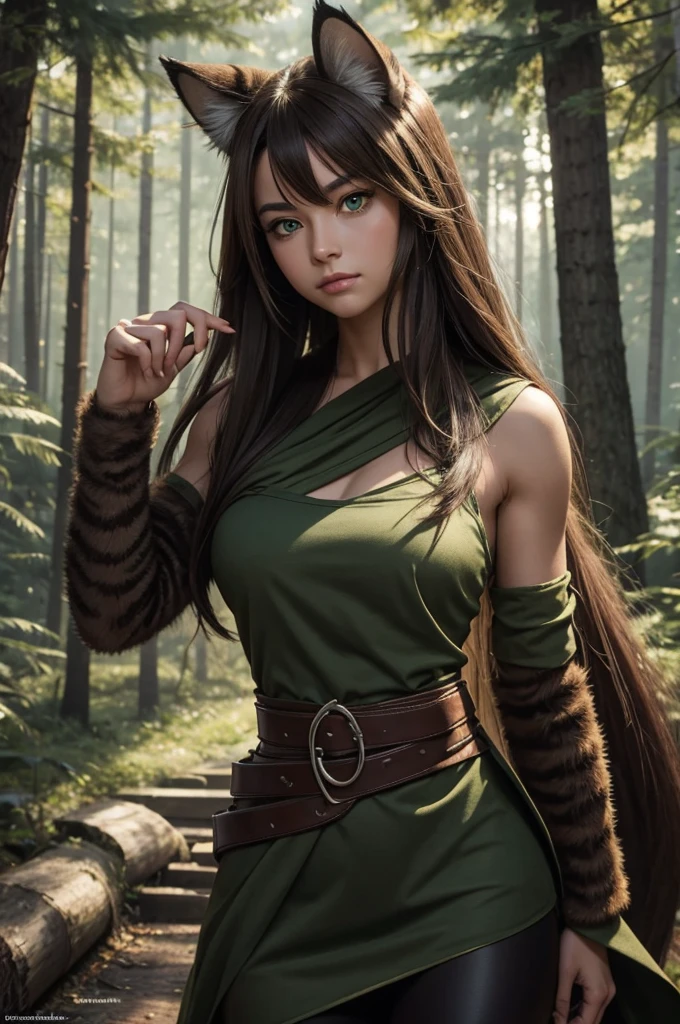 by kenket, by totesfleisch8, (by thebigslick, by silverfox5213:0.8), (by syuro:0.2),, king-adelaide, twokids, (best quality, masterpiece:1), solo, furry female anthro, green eyes, arm wraps, long hair, light brown hair, portrait, fingers, finger claws, looking at viewer, feline tail, strong, muscular, crown, (outdoors dark forest trees blurry blurred background:1.1),