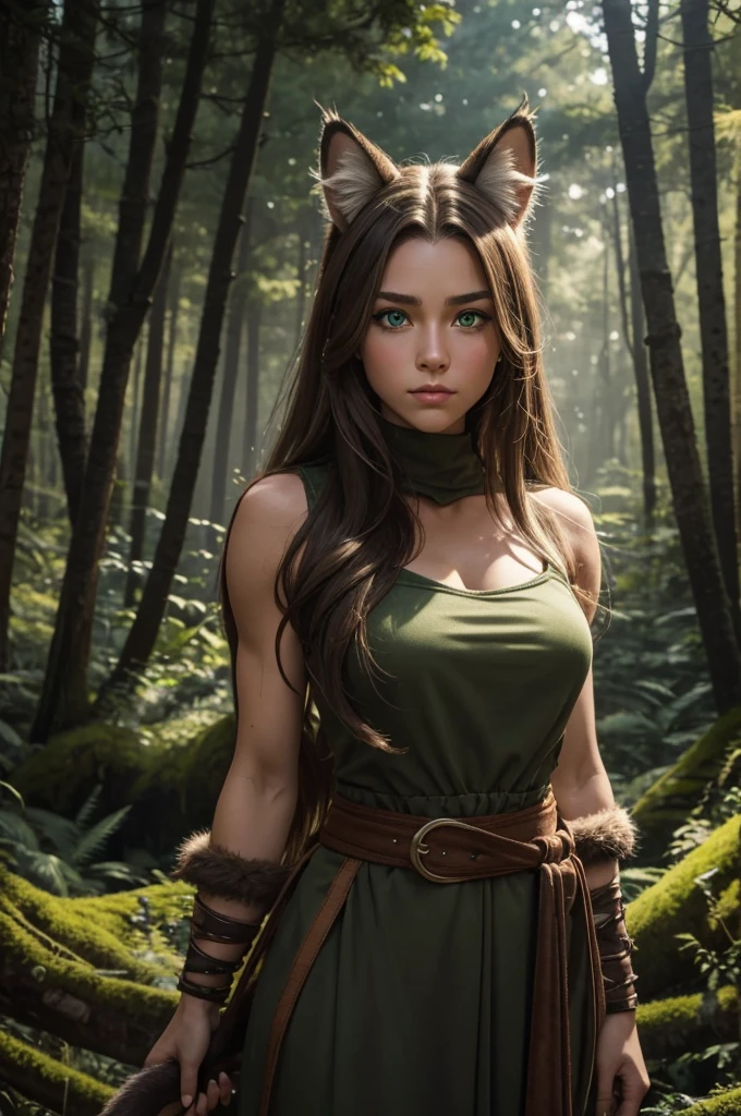 by kenket, by totesfleisch8, (by thebigslick, by silverfox5213:0.8), (by syuro:0.2),, king-adelaide, twokids, (best quality, masterpiece:1), solo, furry female anthro, green eyes, arm wraps, long hair, light brown hair, portrait, fingers, finger claws, looking at viewer, feline tail, strong, muscular, crown, (outdoors dark forest trees blurry blurred background:1.1),
