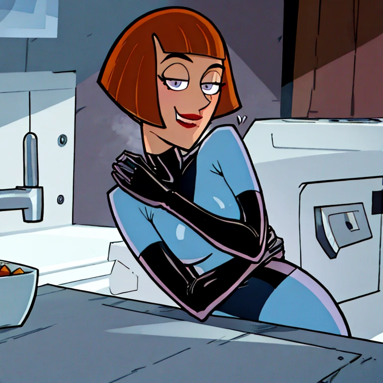 maddie fenton, thinking about danny, horny, at the kitchen table, latex bodysuit, medium close-up, suggests we should have sex