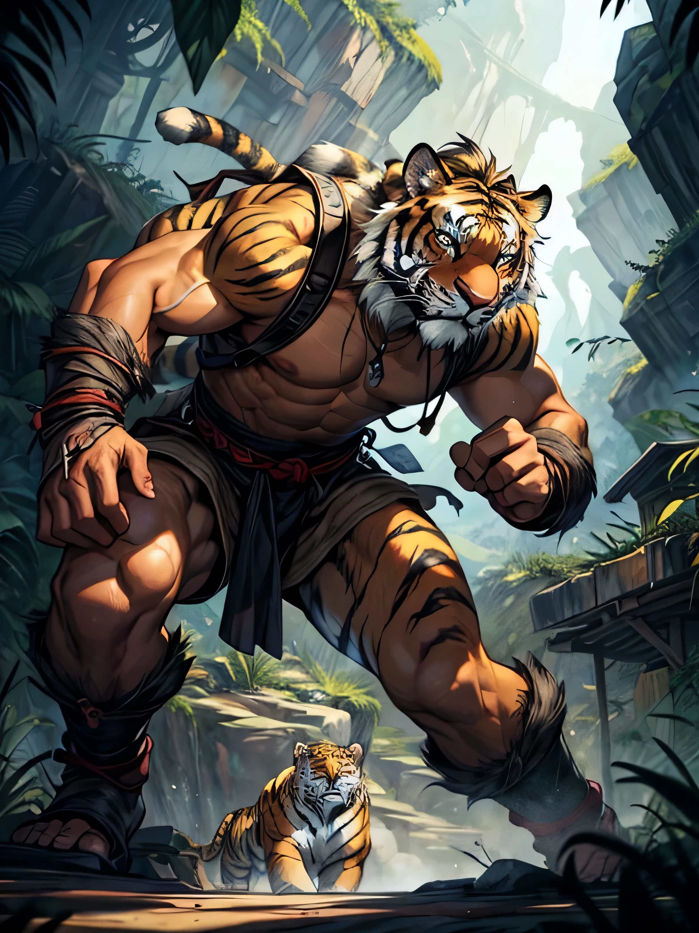 kemono:1.5, ancient male ,anthro (tiger),(tiger face),standing next to bamboo, inspired by Jin Yong martial arts, wearing ancient Chinese clothes, elegant, bamboo leaves, sunlight, ink painting style, clean colors, decisive cut, blank space, freehand, masterpiece, super detailed, epic General composition, high quality, highest quality, 4k --auto --v 6 --s2