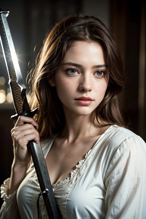 masterpiece、(((reality photograph、realistic：2)))、NSFW, super high quality、8K resolution、crystal clear、highest quality、ultra-detailed、RAW UHD format、droopy eyes、high resolution glowing eyes、Feminine body shape, redhead, highest quality, shirt, close, realistic skin texture, upper body portrait,  photograph shoot, detailed facial features, Film grain texture and high contrast, Very high resolution details, photograph, realistic, 超realistic, HDR, masterpiece、Medieval European princess in a dresedieval European World、He is a master swordsman and bravely fights against the evil hordes that attack him.、(((A beautiful princess fighting with a sword)))、very small breasts