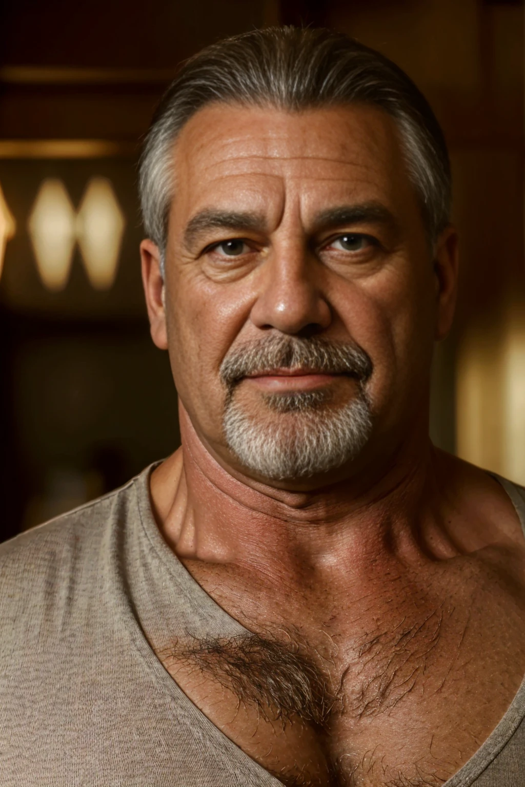 `(best quality, highres, realistic:1.37), portraits, middle-aged man(60 years old), muscular, chubby, closed collar shirt, father, hairy bear, elegant bar, detailed eyes, detailed lips`