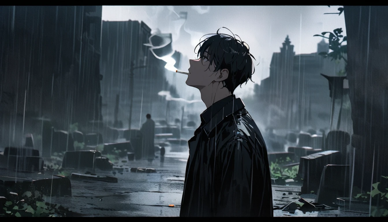 Sad boy in cemetery looking up amid intense rain, black clothes, Distant view, cinematic plan, Cigarette, smoking