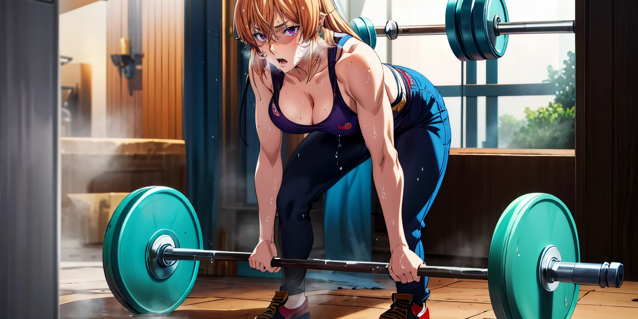 Erina_Prodigy, blonde hair, long hair, purple eyes, curvy, anatomically correct, heavy breathing, huge breasts, muscular female, breasts, cleavage, solo, pants, bare_shoulders, large_breasts, earrings, looking_at_viewer, bucket, dumbbell, wet, sweating, "Photorealistic, Hyperrealistic, Hyperdetailed, analog style, soft lighting, subsurface scattering, realistic, heavy shadow, masterpiece, best quality, ultra realistic, 8k, golden ratio, Intricate, High Detail, film photography, soft focus", (shaded face:1.2), hollow eyes, purple eyes, looking at viewer, (heavy breathing:1.2), tired, open mouth, steaming face, nsfw, nsfw art