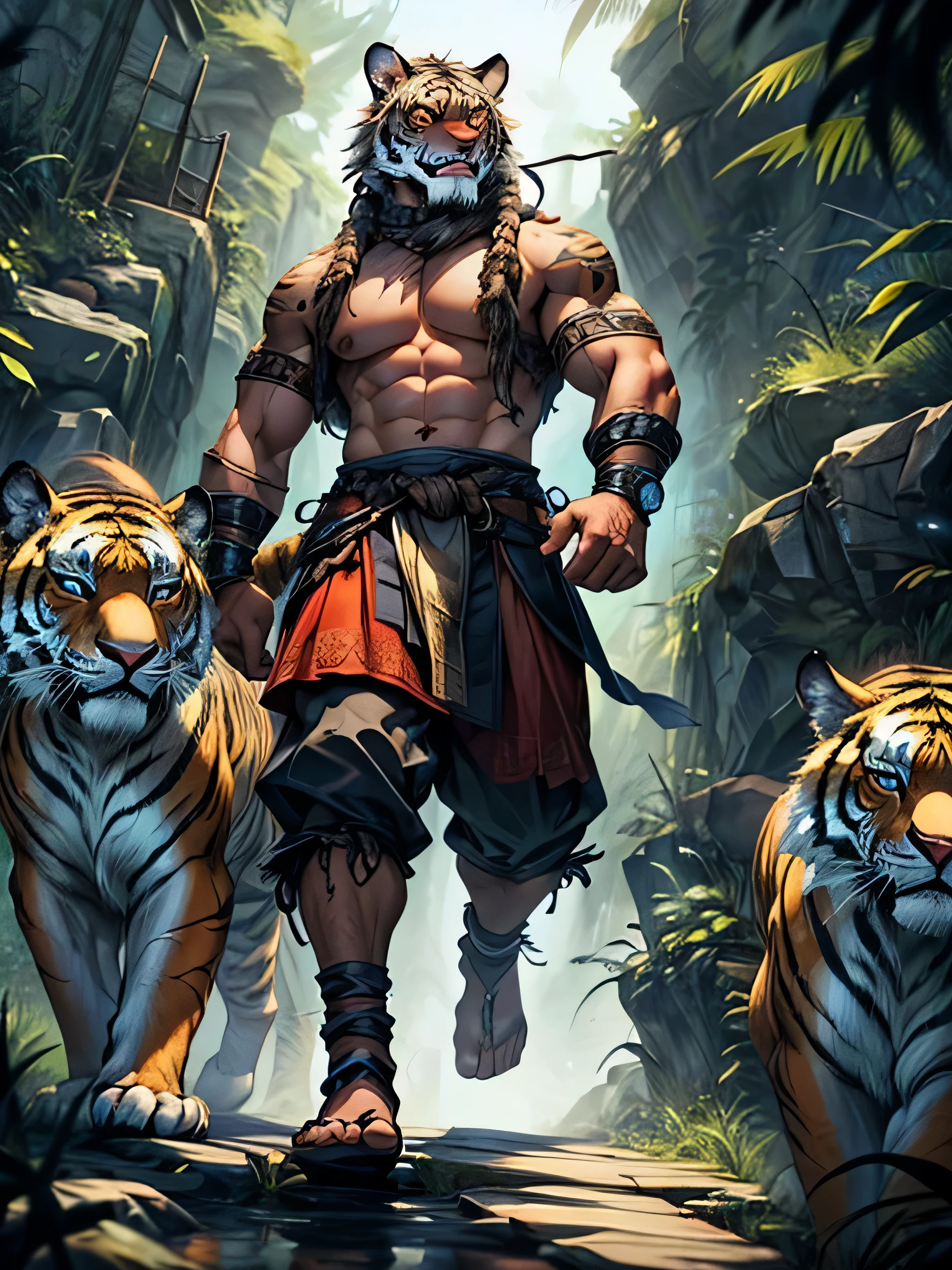 Title: "Spirit of the Wild: The Legend of Tigermane"

Prompt:

In the harsh, unforgiving world of the post-apocalyptic wilderness, Tigermane strides with the confidence of one who commands not just physical strength, but also the power of the spirits that roam the land. His towering figure, adorned with the majestic tiger head wrapped around his chest and dreadlocks swaying with every step, is a testament to his connection with the wild.

But Tigermane possesses more than just brute force; he is gifted with spiritual powers that emanate from his very being. These powers are a manifestation of his deep bond with the earth and its inhabitants, a bond forged through ancient rituals and a lifetime spent attuning himself to the energies of the natural world.

As Tigermane travels through the untamed wilderness, his presence alone invokes a sense of awe and reverence among those who cross his path. His spiritual powers are a force to be reckoned with, capable of healing the wounded, communing with the spirits of nature, and even harnessing the elements themselves to aid him in his journey.

Yet, these powers also draw the attention of dark forces that seek to exploit Tigermane's connection to the spiritual realm for their own nefarious purposes. Rival tribes, jealous of his abilities, conspire to bring him down, while malevolent spirits lurk in the shadows, whispering temptations and spreading chaos wherever they go.

But Tigermane is not one to be swayed by such temptations or deterred by the threats that surround him. With the guidance of the spirits and the strength of his own indomitable will, he faces each challenge with unwavering determination, knowing that his destiny is intertwined with the fate of the wild itself.

As Tigermane's legend continues to grow, tales of his spiritual prowess spread far and wide, inspiring hope among the oppressed and striking fear into the hearts of the wicked. For he is not just a warrior of the physical realm, but a guardian of the 