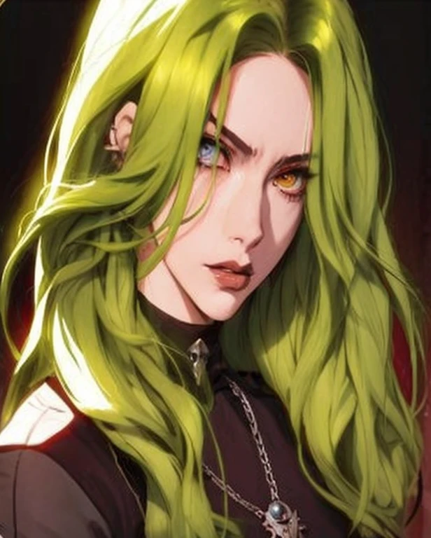 um close de uma pessoa com cabelo verde e um colar, Fanart de Rui Demon Slayer, demon slayer art style, flowing green hair, Senhor Supremo Billie Eilish, portrait knights of the zodiac girl, 1 7 Year Old Goth Anime Girl, estilo de arte de anime de alta qualidade, made with anime painter studio, personagem de estilo anime, wise ( avaliando )