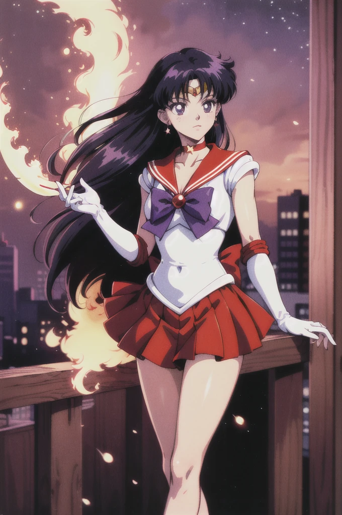 masterpiece, best quality, highres, sama1, tiara, sailor senshi uniform, white gloves, red sailor collar, red skirt, star choker, elbow gloves, pleated skirt, bare legs, purple bow, magic, crescent moon, city standing, cowboy shot, fire_particles, 1990s \(style\)