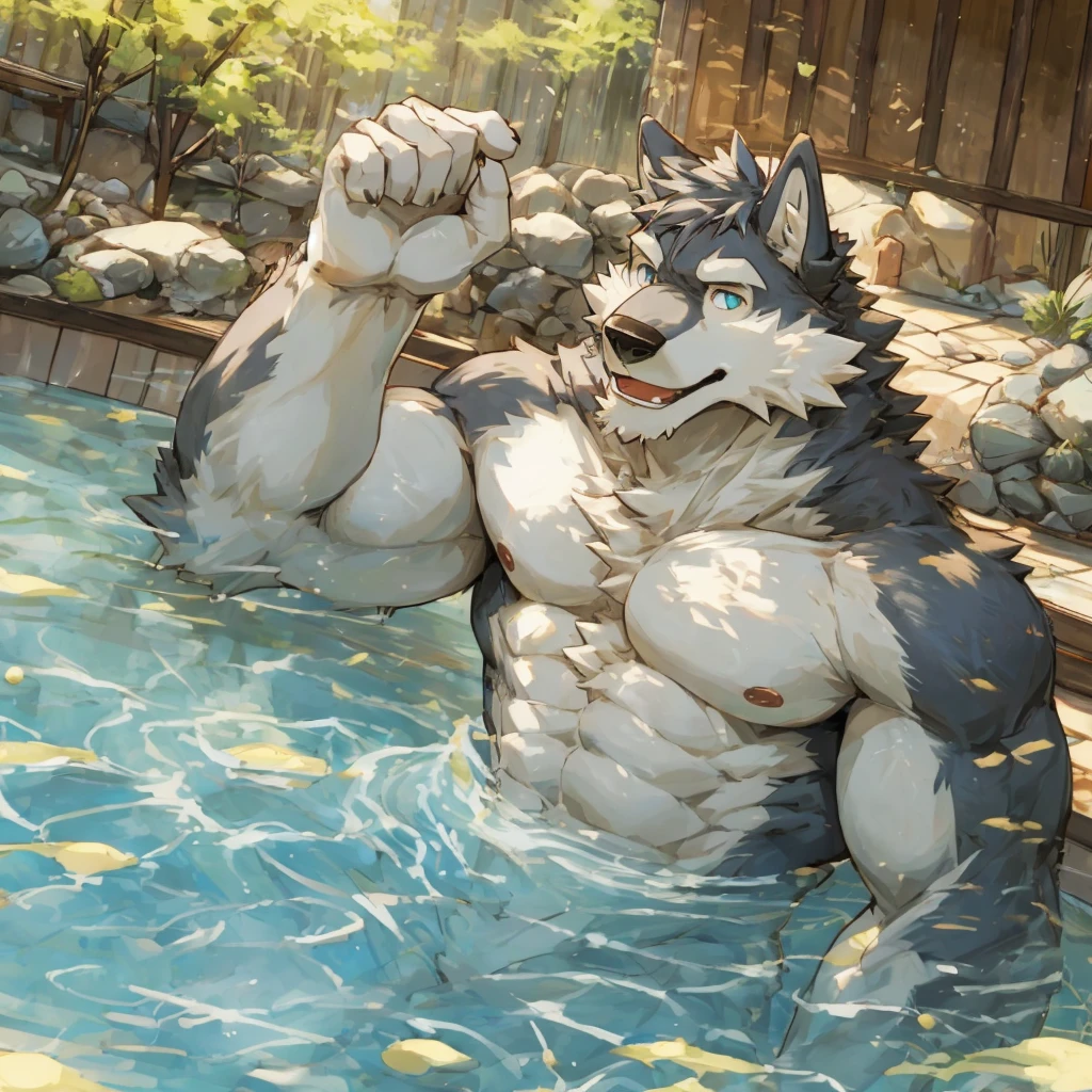 masterpiece, alone, furry wolf, perfect eyes, short hair, Medium muscular body, aldult, cool pose, Handsome, topless, nice, fiercely,All white,Soak in the hot spring