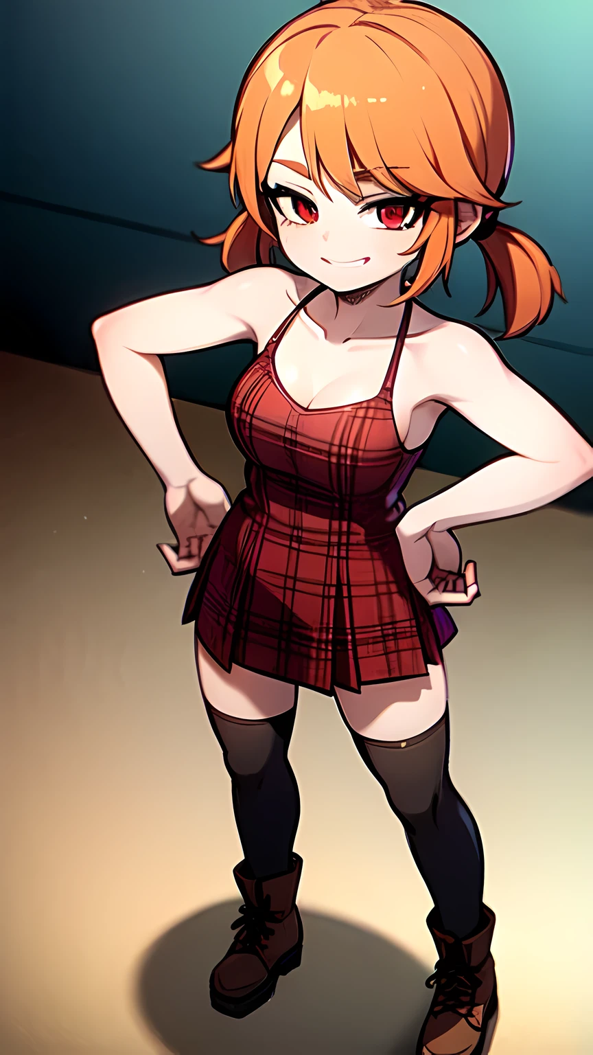 1girl,solo,full body,looking at viewer,facing viewer,short low twintails,orange hair,red eyes,twin parted bangs,hair pulled back,solid outline,smile,black thighhighs,red plaid skirt,gray tanktop,military boots