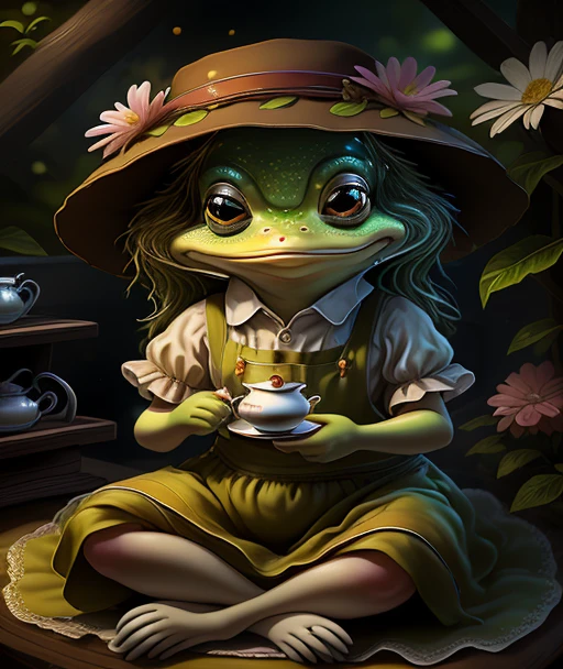 fantchar, an adorable frog creature in a brown apron and flowery hat and having tea in a lush garden, humanoid, artistic, intricate, highly detailed