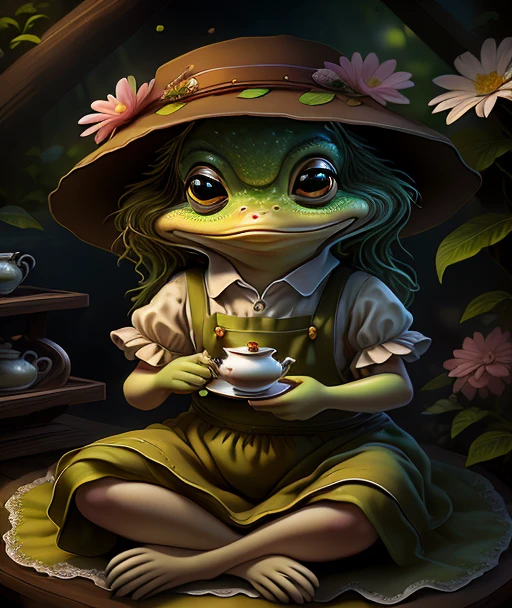 fantchar, an adorable frog creature in a brown apron and flowery hat and having tea in a lush garden, humanoid, artistic, intricate, highly detailed
