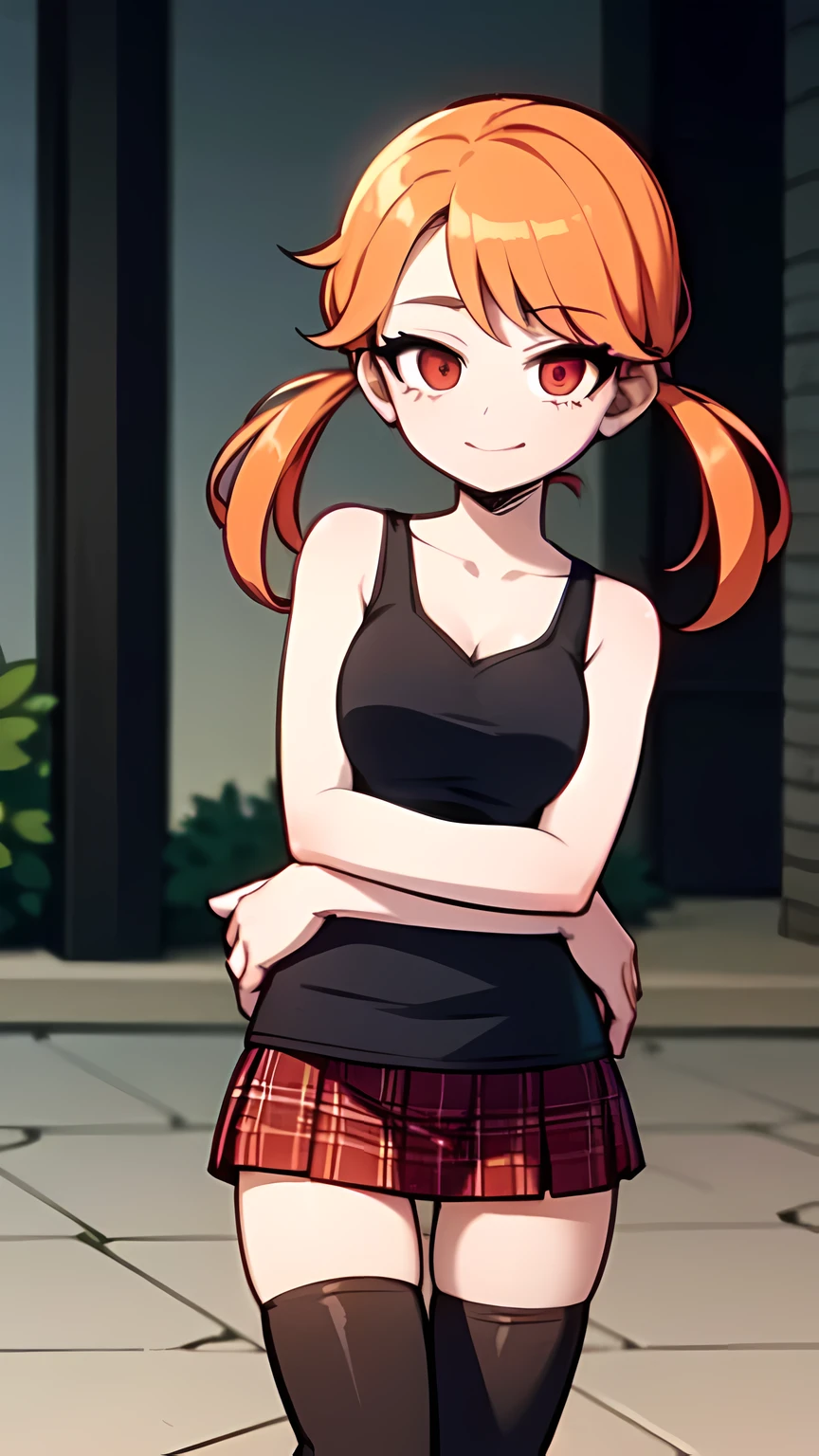 1girl,solo,full body,looking at viewer,facing viewer,short low twintails,orange hair,red eyes,twin parted bangs,hair pulled back,solid outline,smile,black thighhighs,red plaid skirt,gray tanktop,military boots