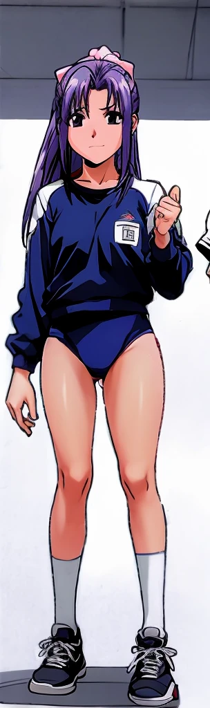 Momoko Koigakubo, a tall girl with beautiful legs, is wearing white gym clothes and light navy blue bloomers that look like panties, and is standing with her legs spread to the sides and her mouth open, smiling.。Doing Comanechi pose。blush。