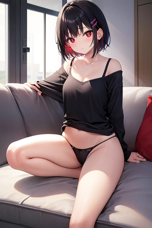 masterpiece、Highest image quality、8K、The moment my lover caused a miracle, great visual depiction, professional effects woman, full body, full body photo of woman、big red eyes、black hair、short hair、Two red hairpins、、1 female、red face、shyly、Big breasted elementary school student、black camisole、Thong panties for elementary school girls、Inside the living room、sitting on the sofa、Wearing headphones、