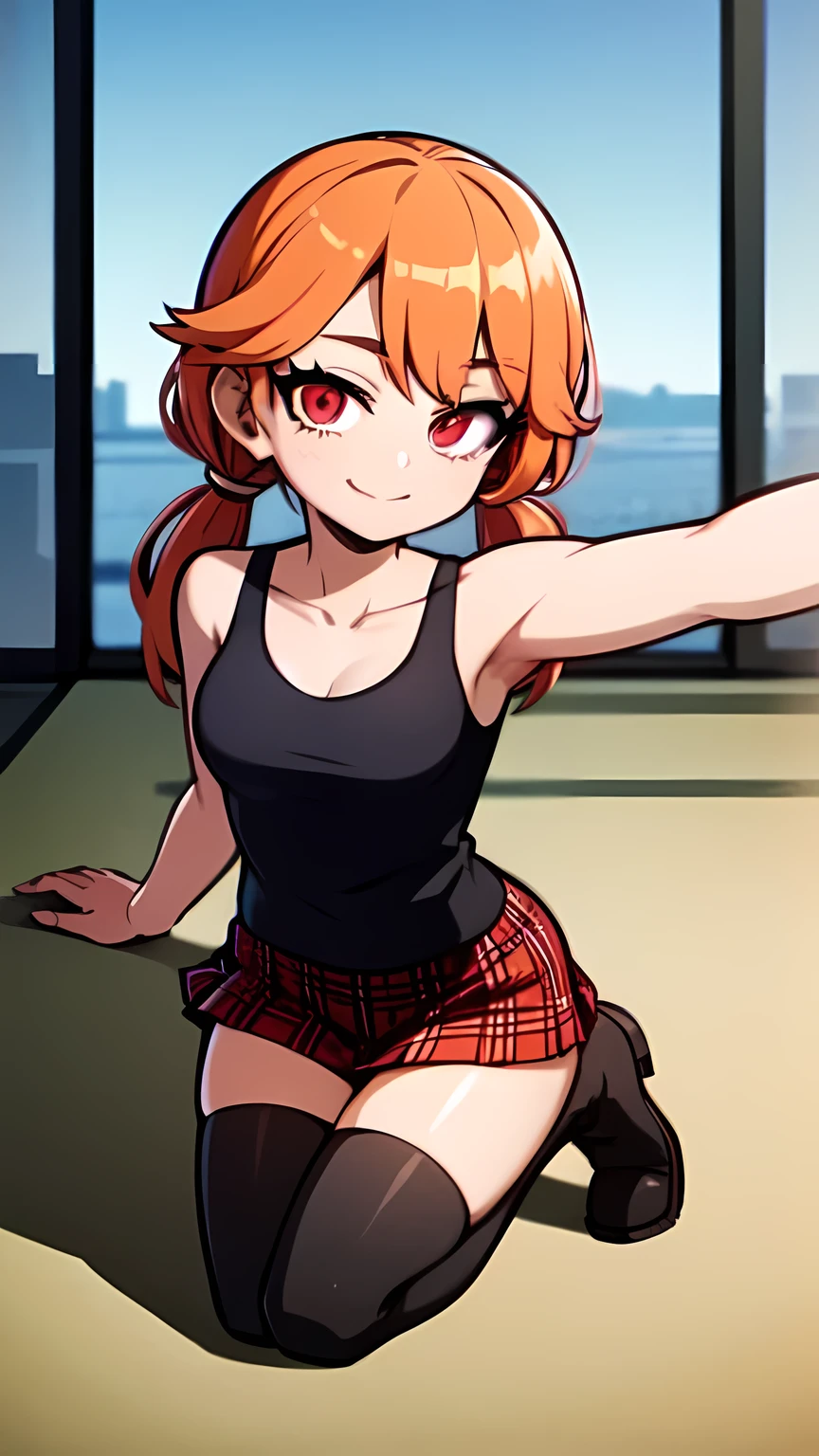 1girl,solo,full body,looking at viewer,facing viewer,short low twintails,orange hair,red eyes,twin parted bangs,hair pulled back,solid outline,smile,black thighhighs,red plaid skirt,gray tanktop,military boots