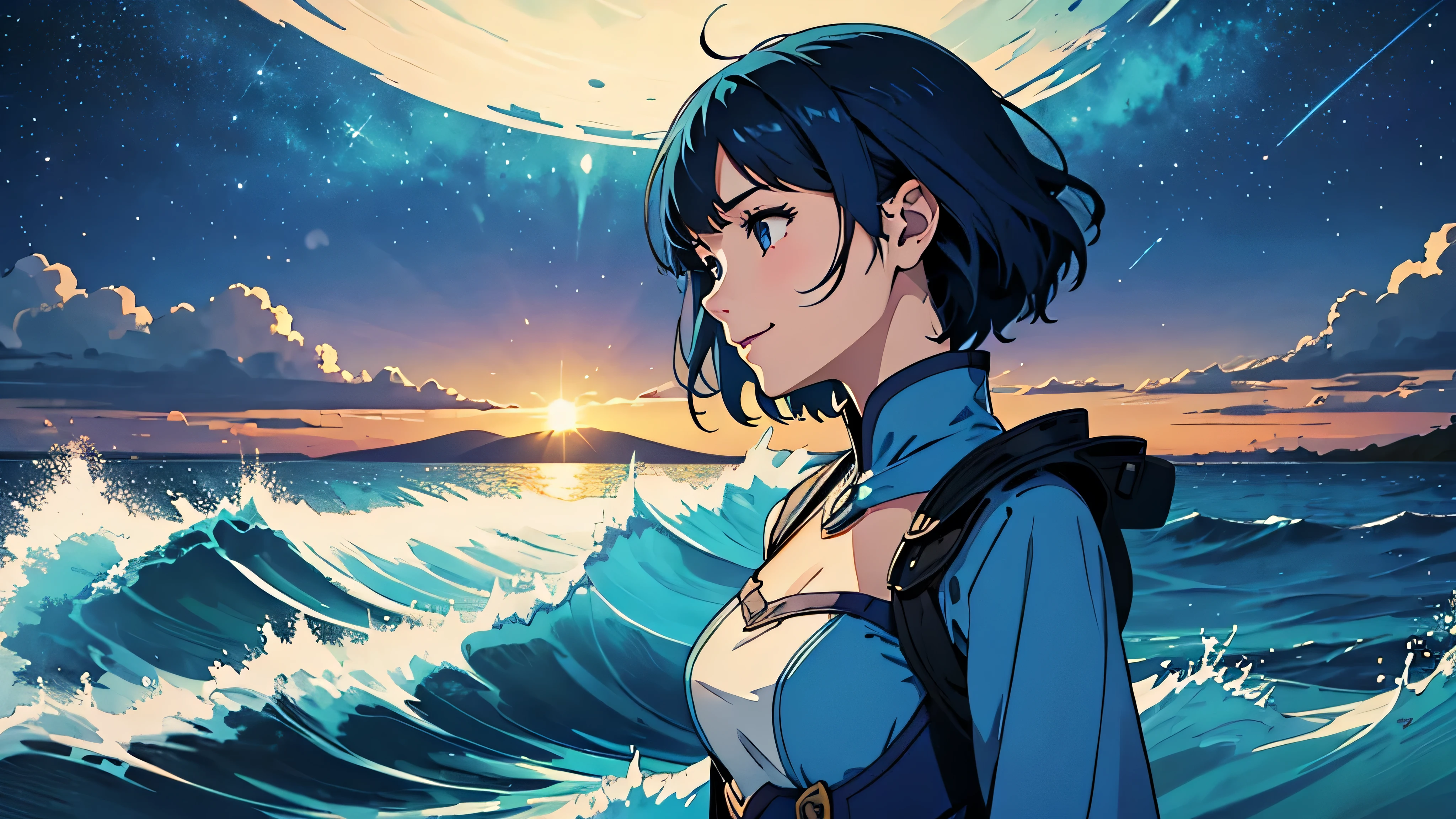 Create a bust-up shot of a smiling girl with a short bob hairstyle, looking towards the sea from a sandy beach. The setting is nighttime with a starry sky above. She should be in profile view. The girl is adorned in a bright blue costume inspired by waves, complemented by bright blue hair. The atmosphere should evoke a sense of fantasy.