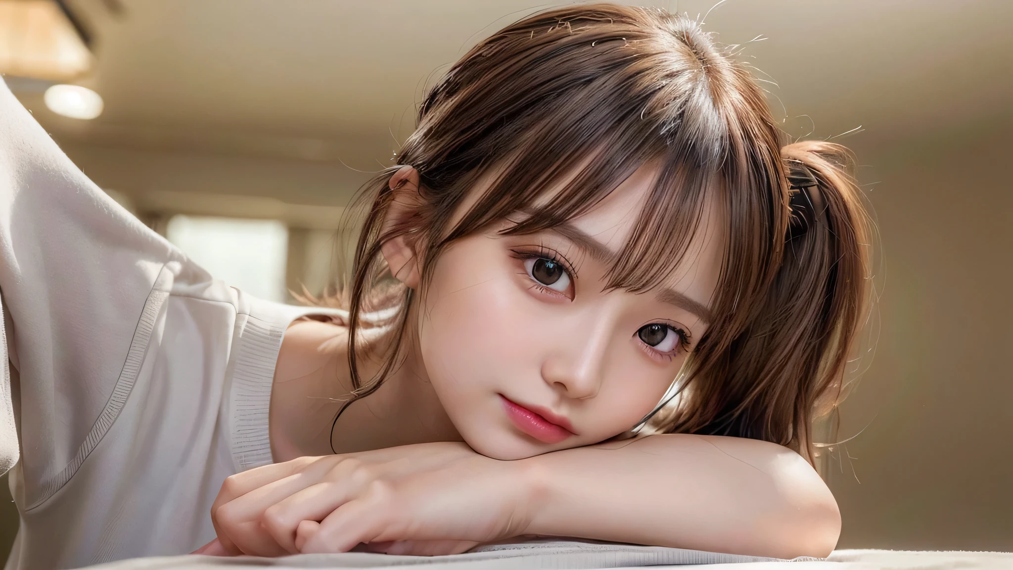 only one,One woman,Room at home, studying at a desk, sitting in a chair, reading a book,blush,small breasts,,long hair ponytail,((8K, Raw photo, best quality, muste piece:1.2), (Reality, photorealistic:1.4), (Highly detailed 8K wallpaper), Depth of the bounds written, cinematic lighting, soft light, detailed beauty eye,Shiny and smooth light brown ponytail, asymmetrical bangs, shiny skin, super detailed skin ,high resolution, high detail, detailed hairstyle, detailed beauty face, hyper real, perfect limbs, perfect anatomy ,1 Japanese girl,famous japanese idol, perfect female body,shy smile,short eyelashes,double-edged eyelids,look straight here,Hair style is ponytail、Neat clothes