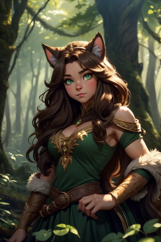 by kenket, by totesfleisch8, (by thebigslick, by silverfox5213:0.8), (by syuro:0.2),, king-adelaide, twokids, (best quality, masterpiece:1), solo, furry female anthro, green eyes, arm wraps, long hair, light brown hair, portrait, fingers, finger claws, looking at viewer, feline tail, strong, muscular, crown, (outdoors dark forest trees blurry blurred background:1.1),