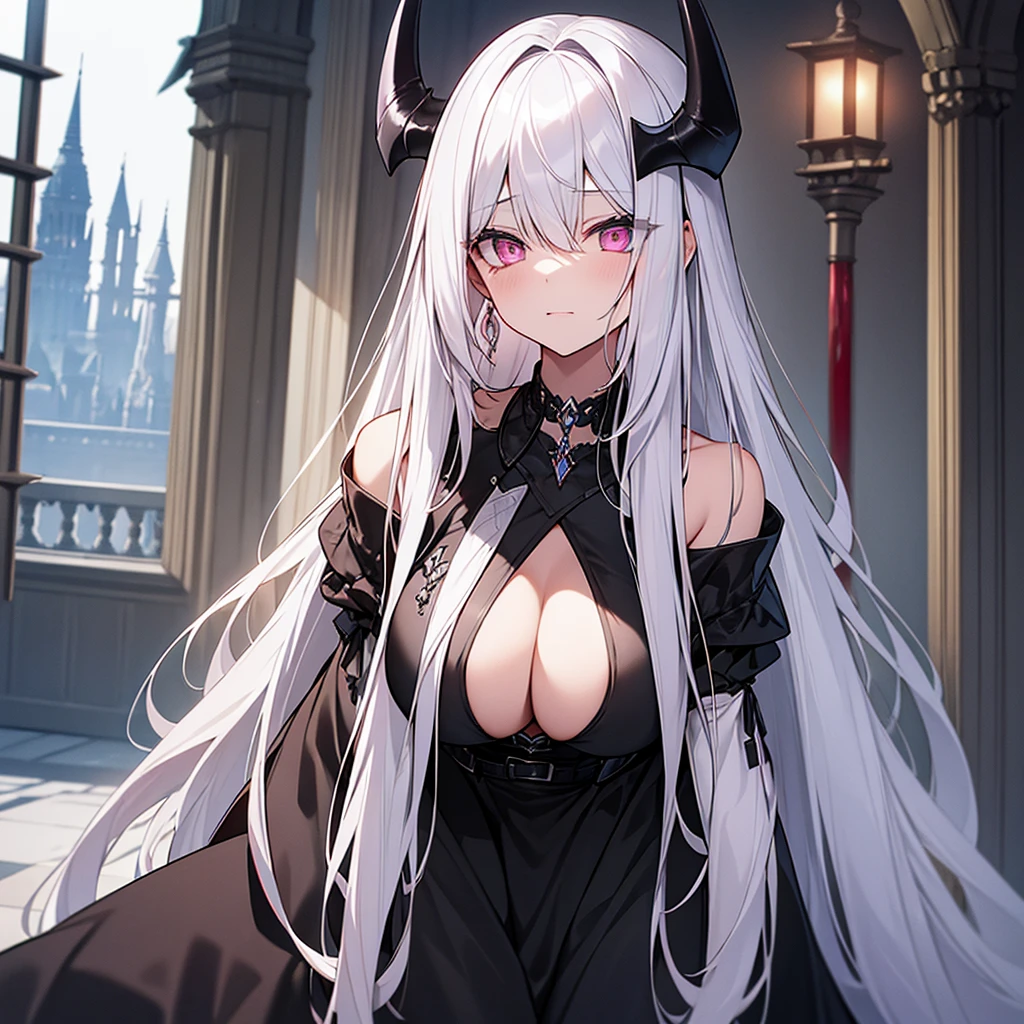 silver hair、slanted eyes、pink eyes、A beautiful girl with long hair、vampire、bat、cold look、Blood on the skin、black dress、big breasts、devil castle