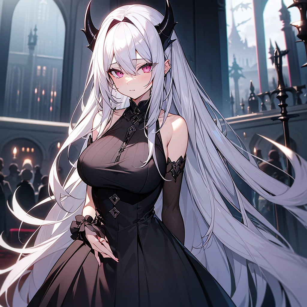 silver hair、slanted eyes、pink eyes、A beautiful girl with long hair、vampire、bat、cold look、Blood on the skin、black dress、big breasts、devil castle