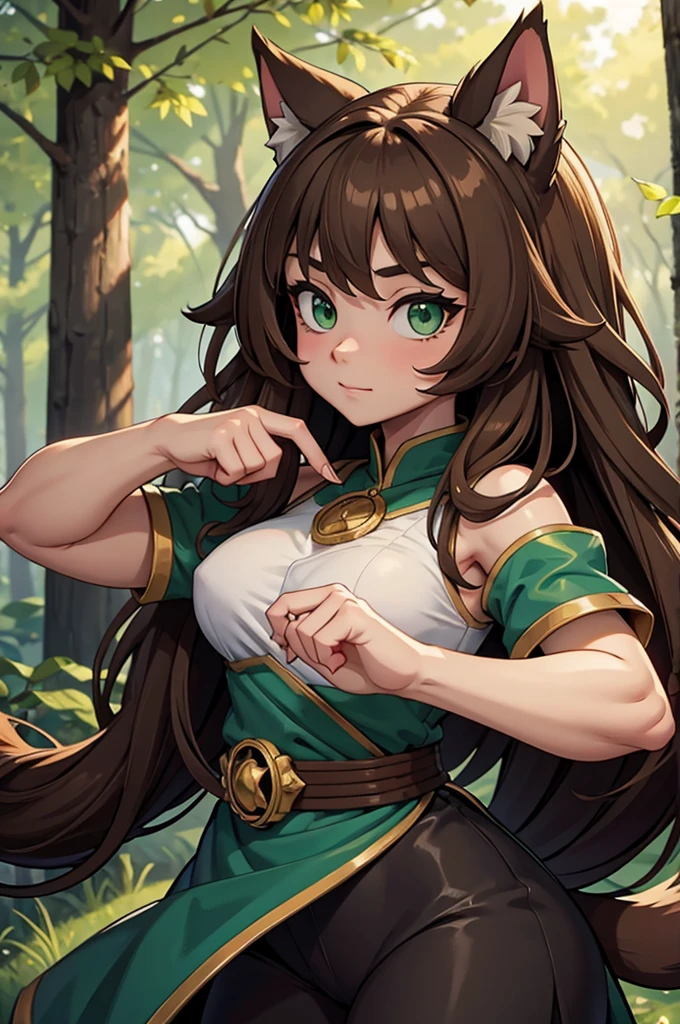 by kenket, by totesfleisch8, (by thebigslick, by silverfox5213:0.8), (by syuro:0.2),, king-adelaide, twokids, (best quality, masterpiece:1), solo, furry female anthro, green eyes, arm wraps, long hair, light brown hair, portrait, fingers, finger claws, looking at viewer, feline tail, strong, muscular, crown, (outdoors dark forest trees blurry blurred background:1.1),