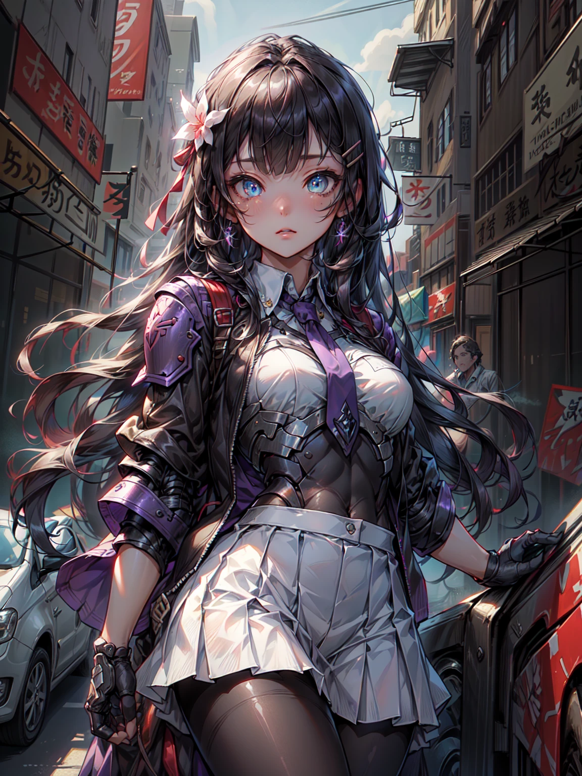 maisakurajima, sakurajima mai, long hair, bangs, black hair, hair ornaments, (purple eyes:1.1), hair clip,
Blake、skirt, shirt, , white shirt, short sleeve, pantyhose, pleated skirt, collared shirt, blue skirt, black pantyhose, red tie, Jacket, brown Jacket,
Blake、outdoors, city,
Blake、looking at viewer, break (masterpiece:1.2), highest quality, High resolution, unity 8k wallpaper, (shape:0.8), (fine and beautiful eyes:1.6), highly detailed face, perfect lighting, Very detailed CG, (perfect hands, perfect anatomy),organic armored cyborg、machine armor、armor texture