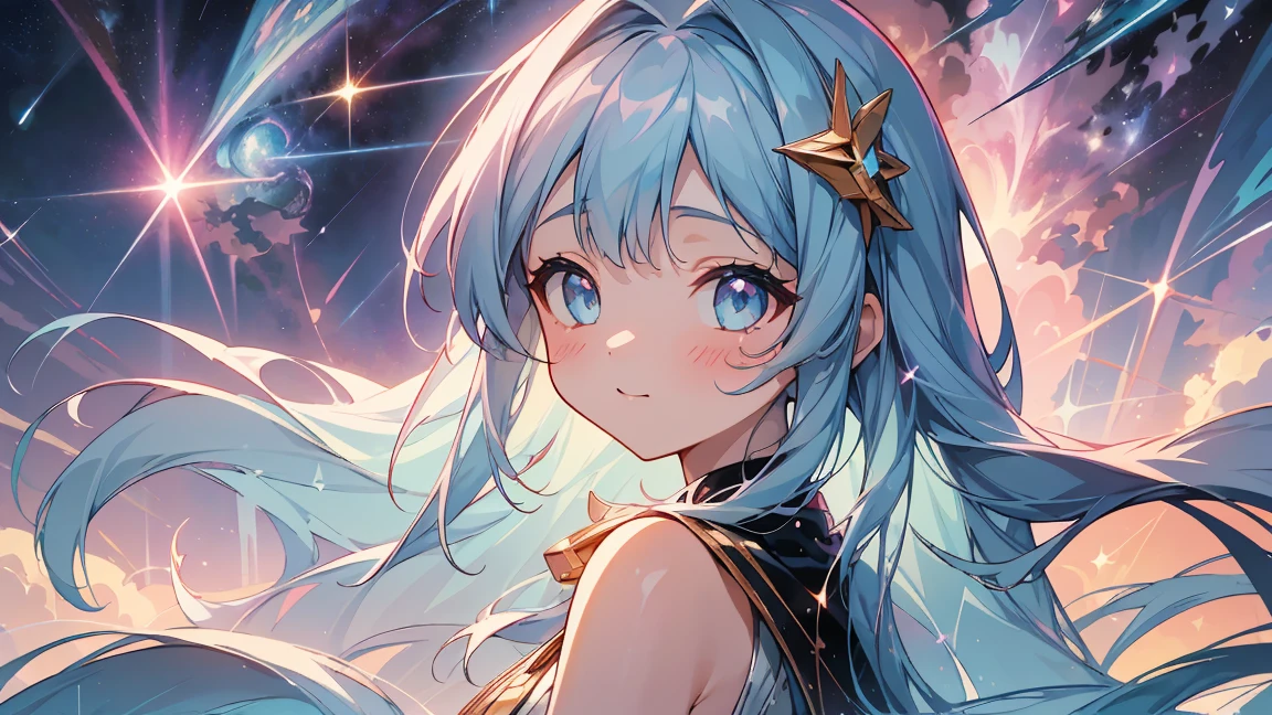 masterpiece, best quality, extremely detailed, (illustration, official art:1.1), 1 girl ,(((( light blue long hair)))), light blue hair, ,10 years old, long hair ((blush)) , cute face, big eyes, masterpiece, best quality,(((((a very delicate and beautiful girl))))),Amazing,beautiful detailed eyes,blunt bangs((((little delicate girl)))),tareme(true beautiful:1.2), sense of depth,dynamic angle,affectionate smile, (true beautiful:1.2),,(tiny 1girl model:1.2),(flat chest)),
Soft Focus , (Bright gradient watercolor :1.5, Lens Flare:1.5 , Glitter :1.5), Glow , Dreamy Grid illusion, Colorful, girl、((extremely detailed eye:1.5)),ace Zoom:1.5,,(((masterpiece、top-quality、top-quality、watercolor paiting)))(Curly)、Official art、Beautifully Aesthetic:1.2)、,(Fractal Art:1.3)、The upper part of the body、colourfull、masterpiece、High Detailed Girls((a beauty girl、onepiece、Rear view、Highly detailed hair ornament、Twin-tailed))、Background with((Fantastic starry sky、meteors、black hole))、Depth((Giant Tree、Fantastic、Luminescent))、