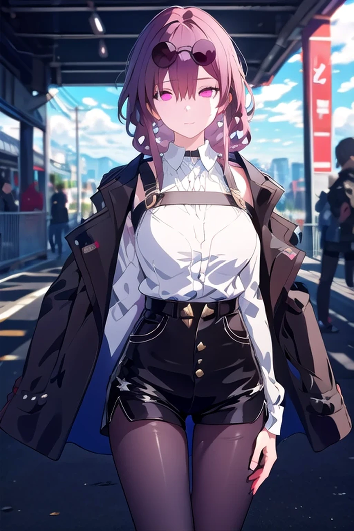 1girl, purple nails, White skin, big breasts, (hair over eyes: 1.1), ringed eyes, pink pupils, silver hair, spiky hair, short hair, asymmetrical bangs, braid, (police: 1.4), (wifes: 1.2), (excited: 1.2), (hair fan), light blush, open coat, you are going to eat, Sideboob, webcam, cyberlive, live stream, (cowboy photo: 0.8), (expressions), ((data book)), (noted:1.4), ((wardrobe table)), ((((How to do it)))), (Text:1.4), (hips:1.6)