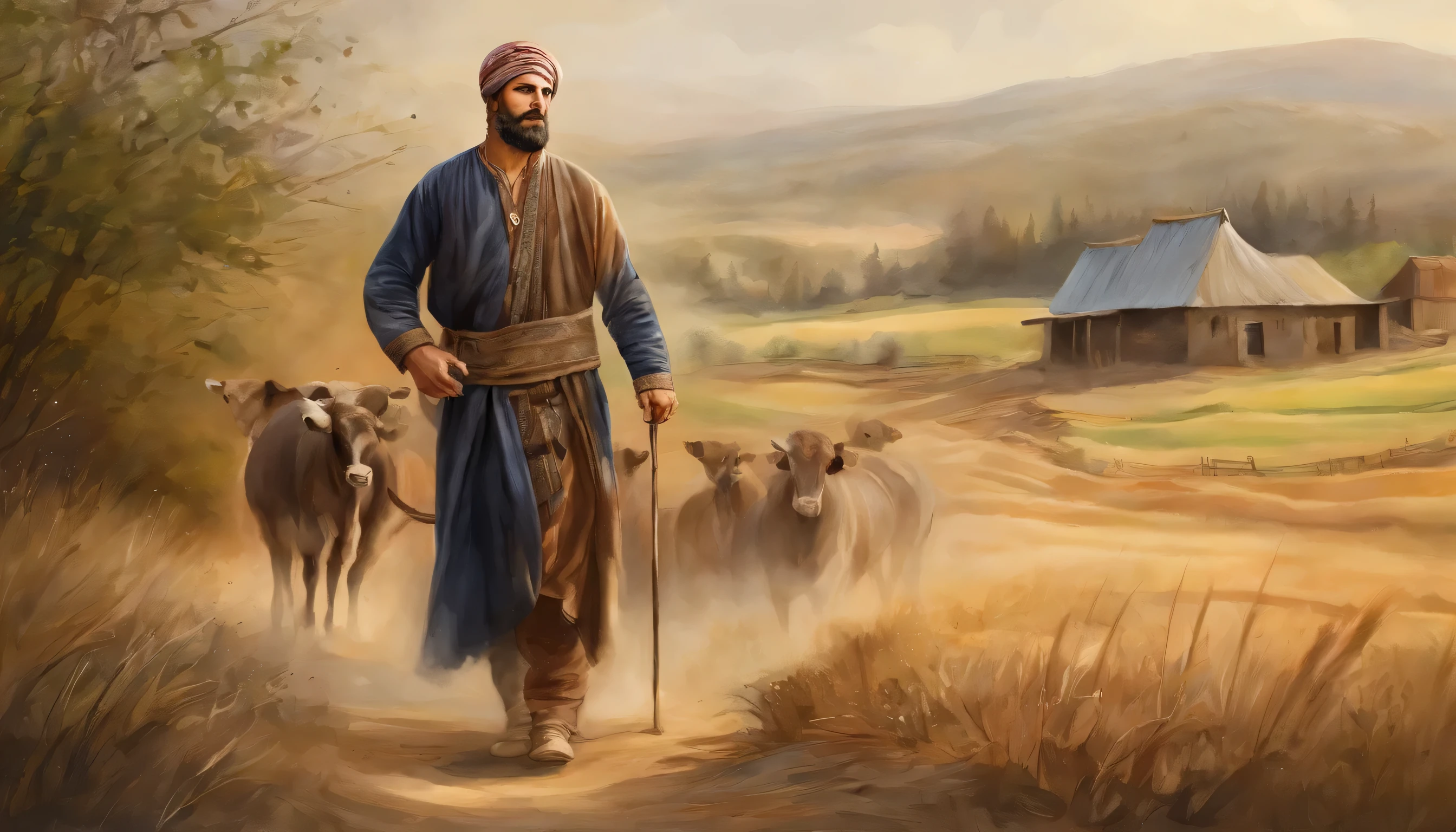 (((masterpiece))), (best quality), Super detailed, CG 8k illustration,A young man,His clothes are gorgeous,Glamorous,Like a king,Brown hair,Wearing Islamic clothing,on the farm,doorstep