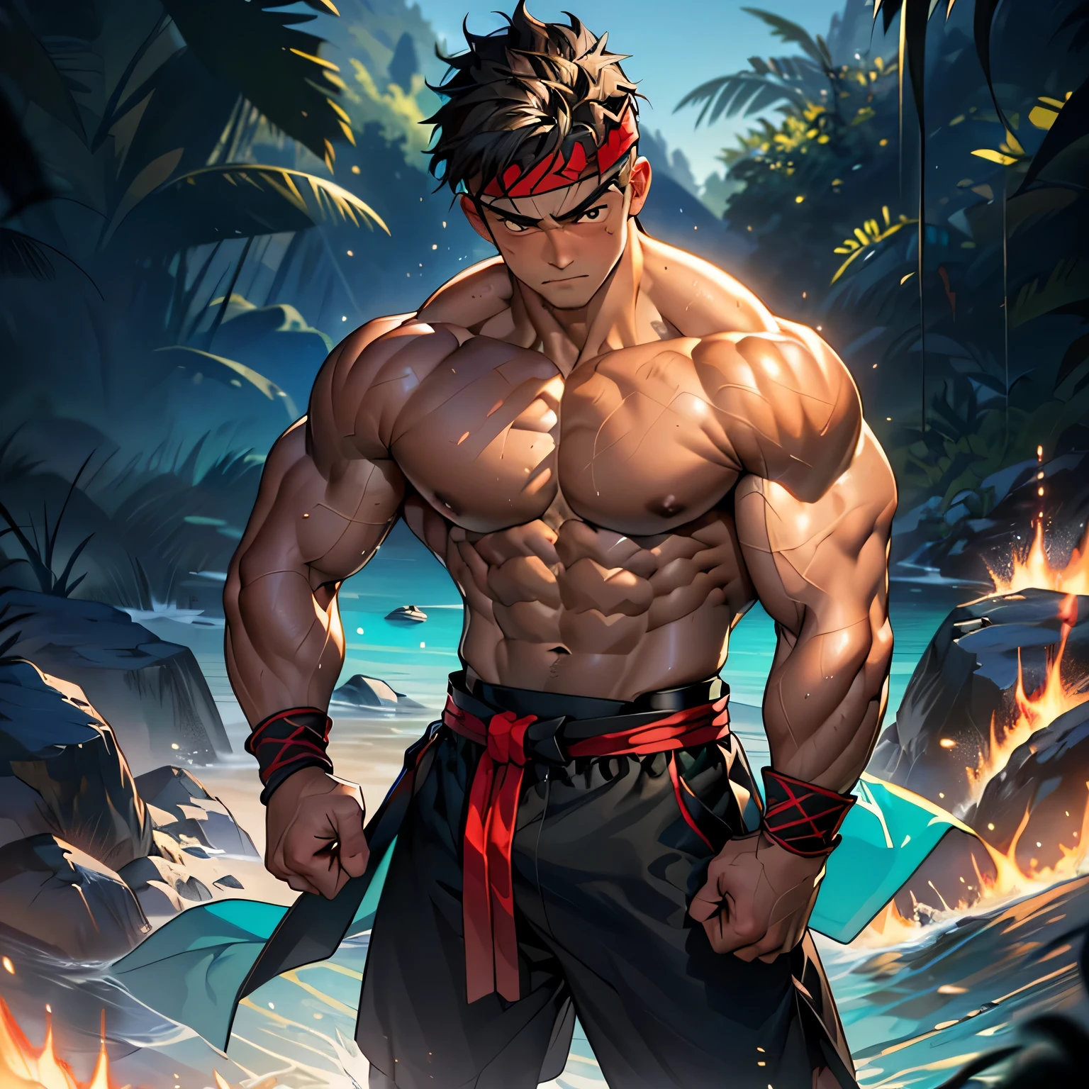 (Masterpiece, Best quality 19 year old boy, simple background, cowboy shot), solo, Young, boy, muscler, Shirtless, topless, (Dark Short straight hair, under cut, brown eyes), (red headband, ((black wristband, weist sash))), Vivid colors, (hot Abs:1.2, abs!, big abs, big breast:1.2, chest!, muscler upper arms, clenched fist), (topless male), closed mouth, serious, muscler!, muscler body, Man with martial arts stance, (aura power:1.4), detailed face, detailed muscle, (((A magical turquoise mystical aura, random fighting pose, powerful, action, rippling muscles, concentrate)))