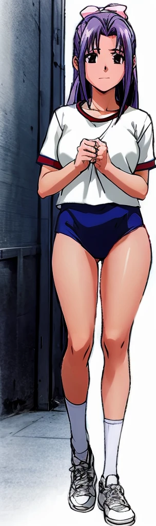 Momoko Koigakubo, a tall girl with beautiful legs, is wearing white gym clothes and light navy blue bloomers that look like panties, and is standing with her legs spread to the sides and her mouth open, smiling.。Doing Comanechi pose。blush。