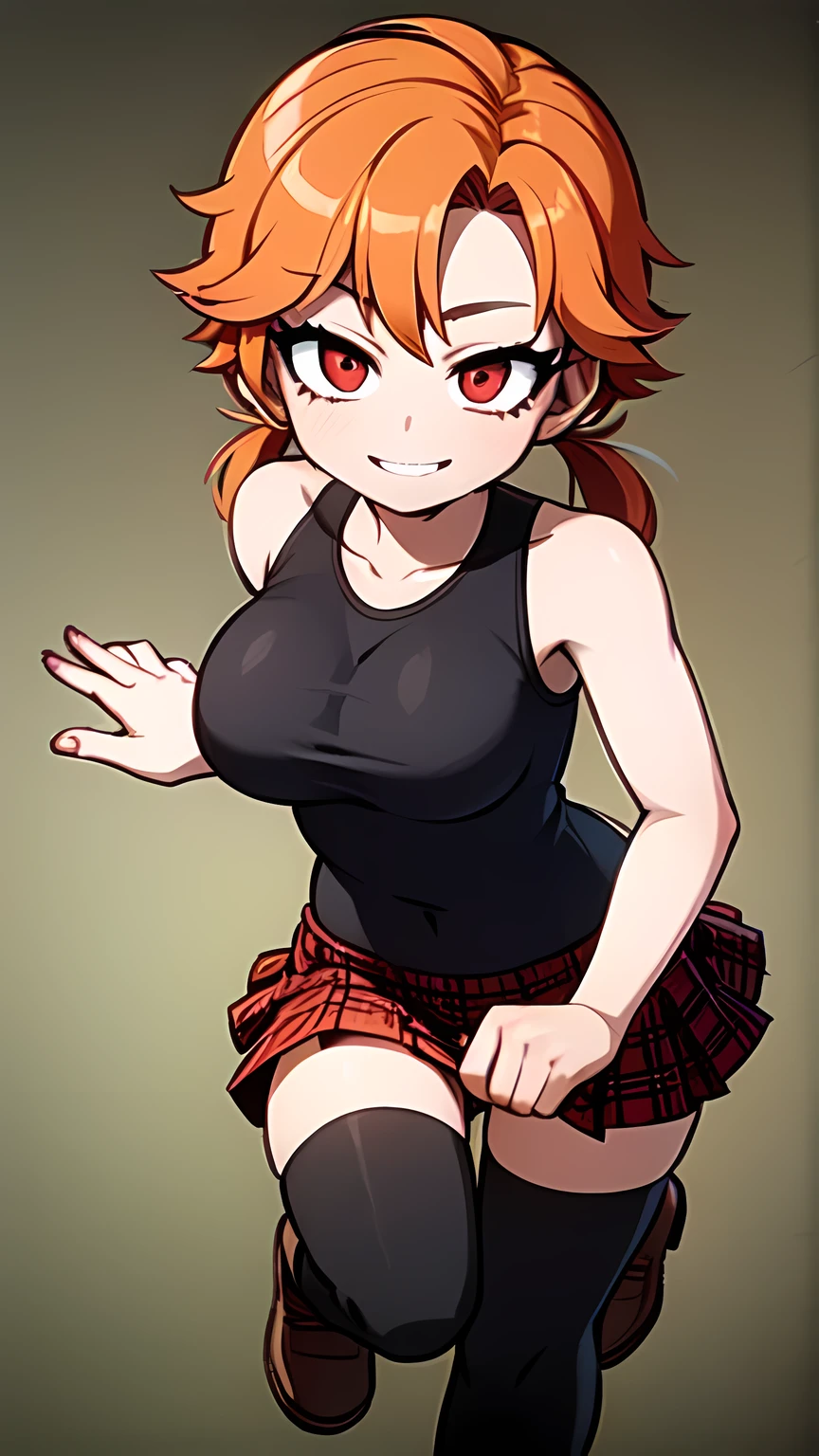 1girl,solo,full body,looking at viewer,facing viewer,short low twintails,orange hair,red eyes,twin parted bangs,hair pulled back,solid outline,smile,black thighhighs,red plaid skirt,gray tanktop,military boots